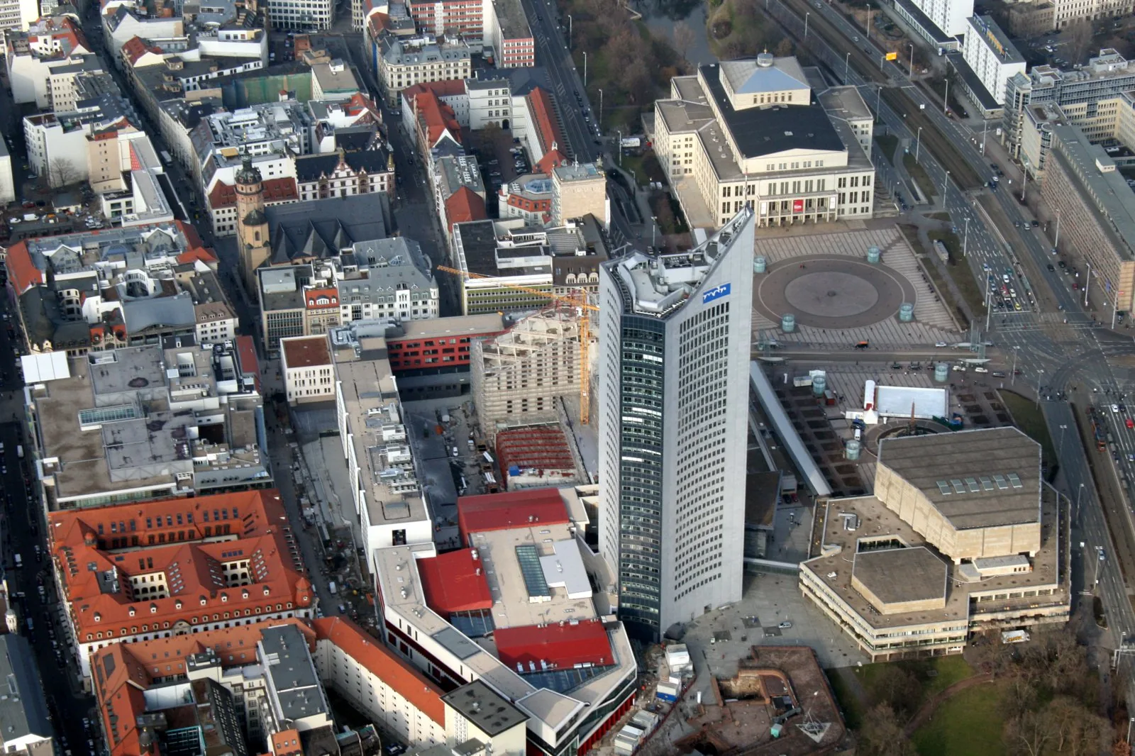 Aerial view of central Leipzig around Augustusplatz and the City-Hochhaus (the city covered by the INSEK integrated urban development concept).