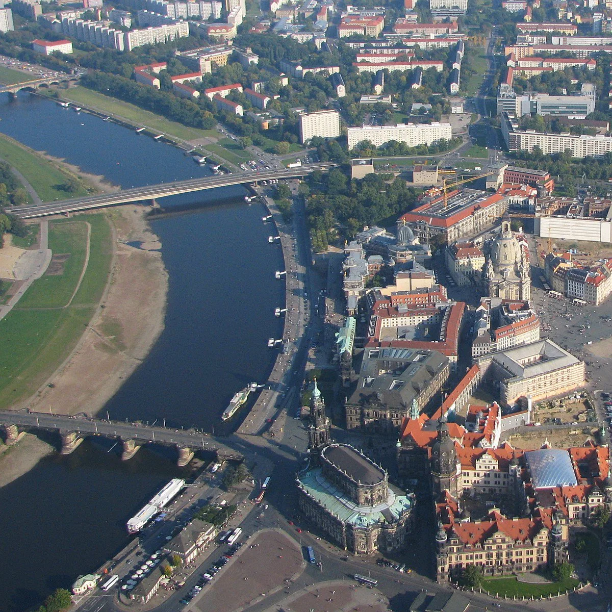 Aerial view of central Dresden with the Augustus Bridge over the Elbe and the Frauenkirche.