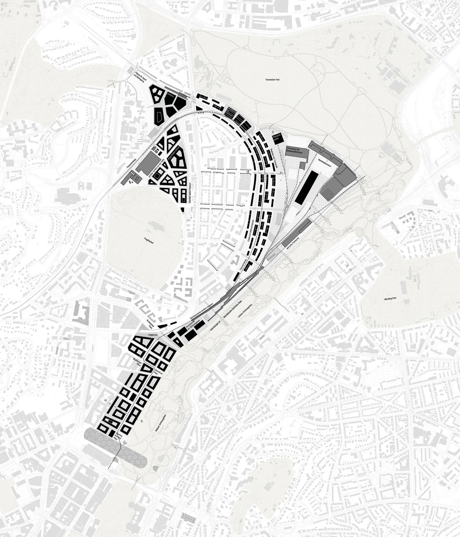 Site plan of the Rosenstein framework planning, Stuttgart: new quarters and the Gleisbogenpark on the rail lands freed by Stuttgart 21