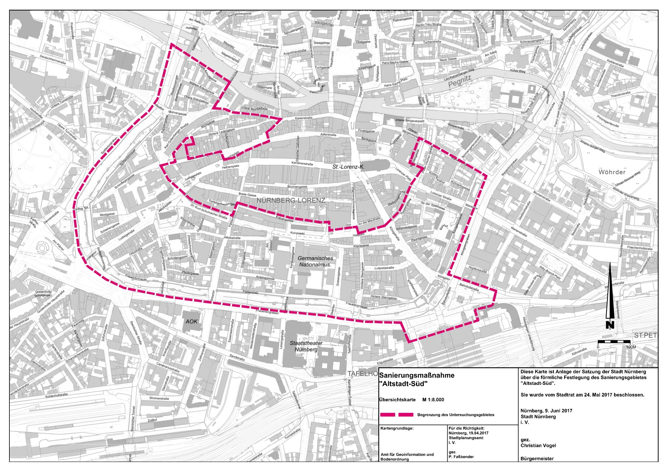 Official Satzungsplan (1:8,000) of the Nuremberg 'Altstadt-Süd' urban-renewal area, the south-eastern historic core targeted for public-realm and infill work