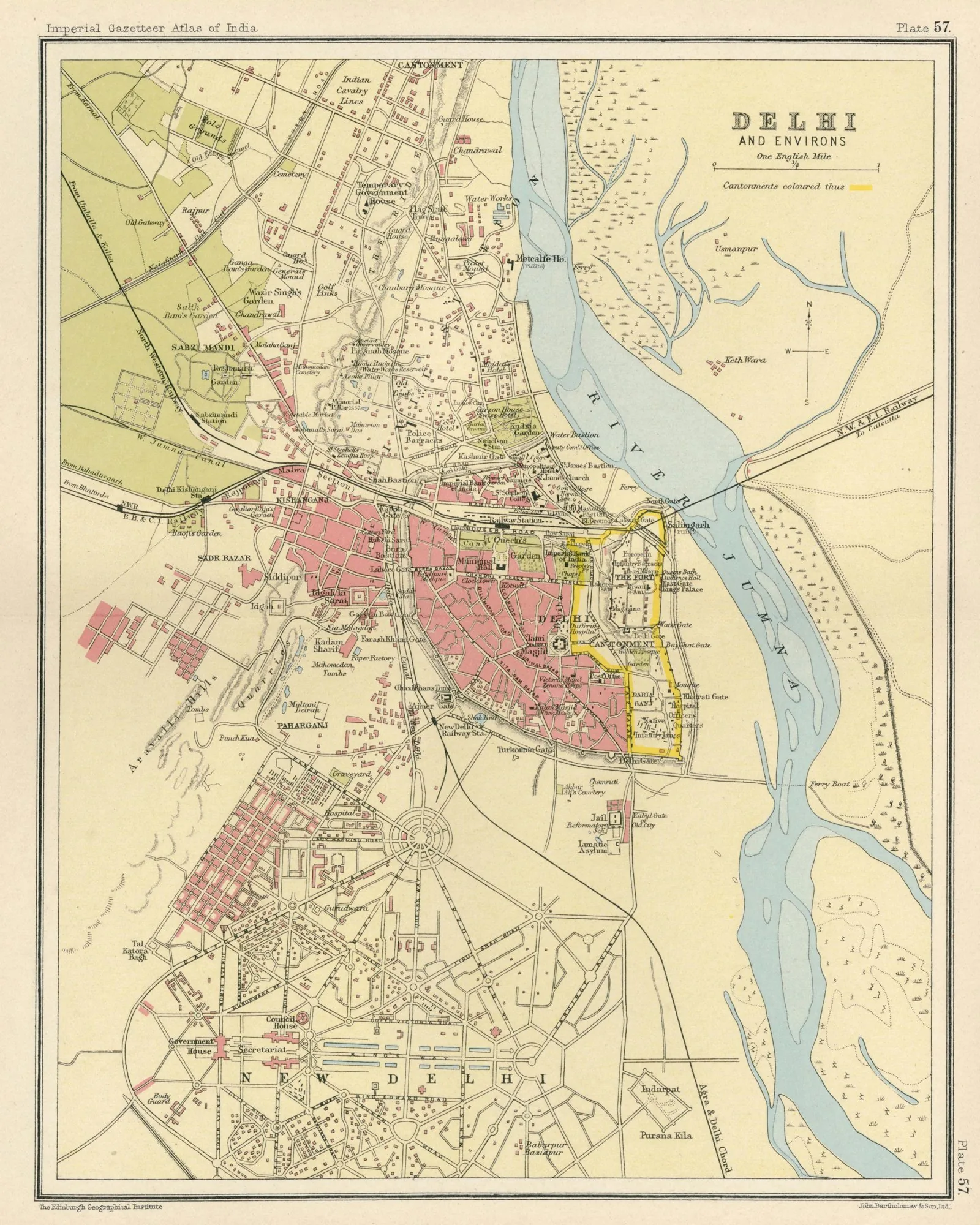 1931 plan map of Delhi showing the geometry of Lutyens' and Baker's newly-built New Delhi (the hexagonal/radial layout with Kingsway and the central vista) alongside Old Delhi.