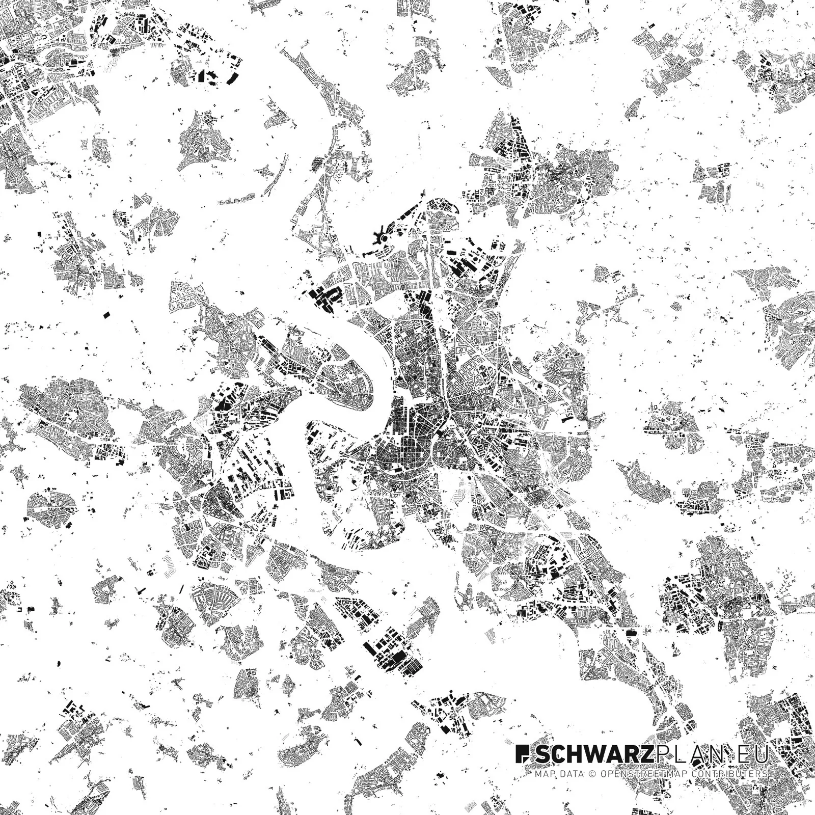 Figure-ground (Schwarzplan) of central Dusseldorf showing the built fabric around the Rhine, including the redeveloped MedienHafen / old trading-harbour basins south of the parliament. City-wide figur