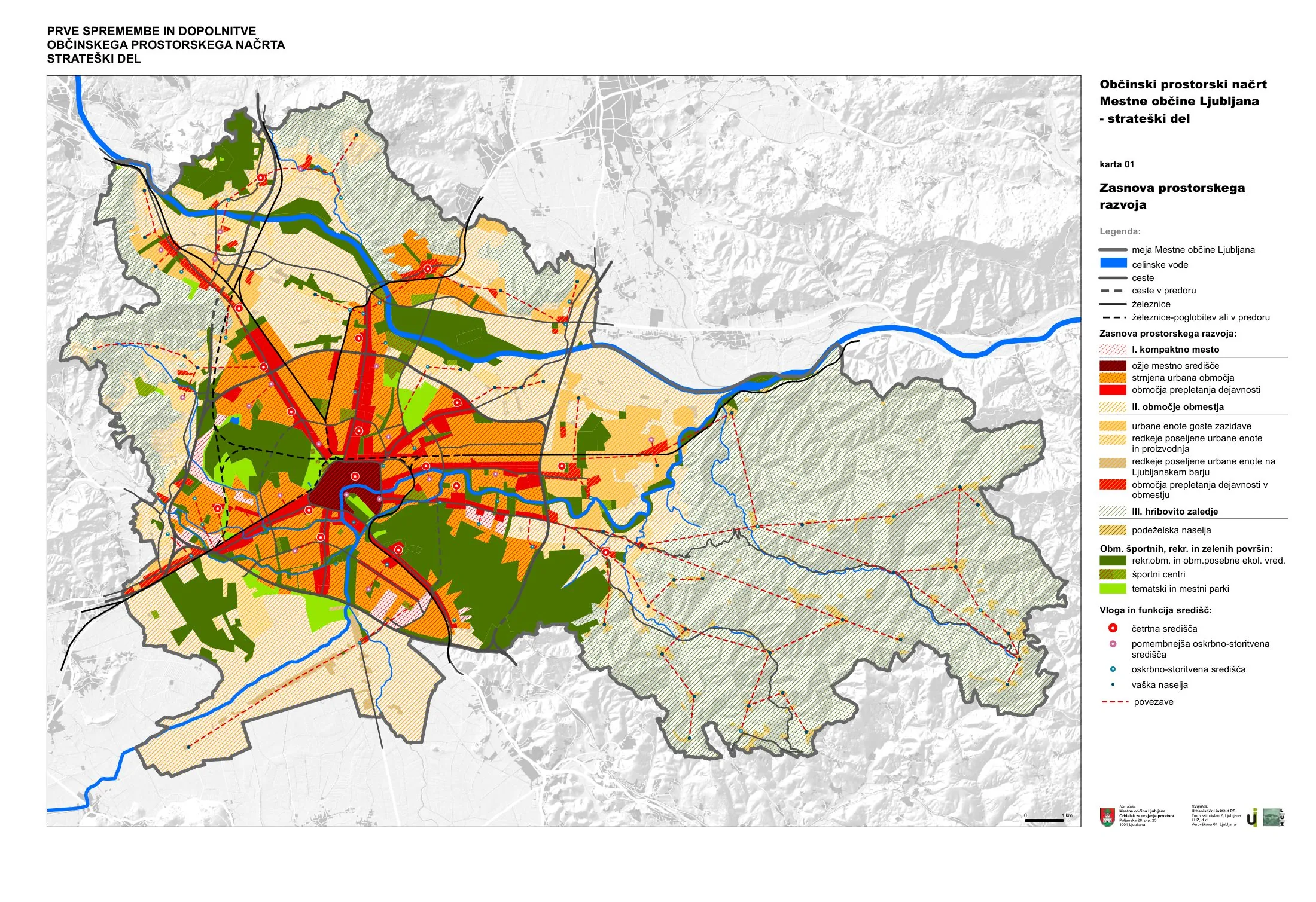 Ljubljana Municipal Spatial Plan (OPN MOL), strategic part, Karta 01: spatial development concept showing the compact city, the surrounding urban units, green wedges and the hierarchy of centres