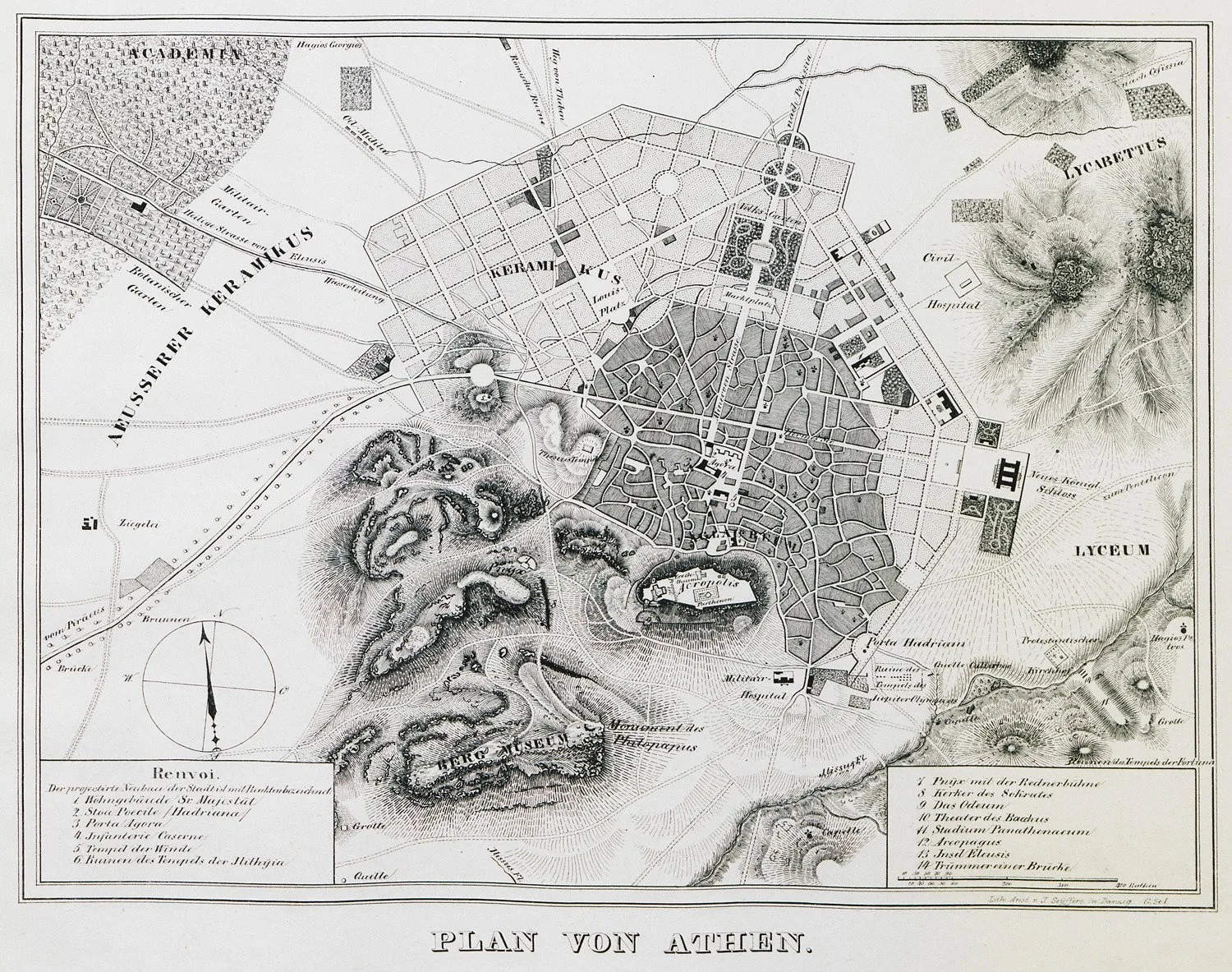 1839 plan of Athens by Ludwig von Wrangel, drawn just as the new neoclassical capital was being laid out — showing the planned street network of the young Greek capital following the Kleanthis & Schau