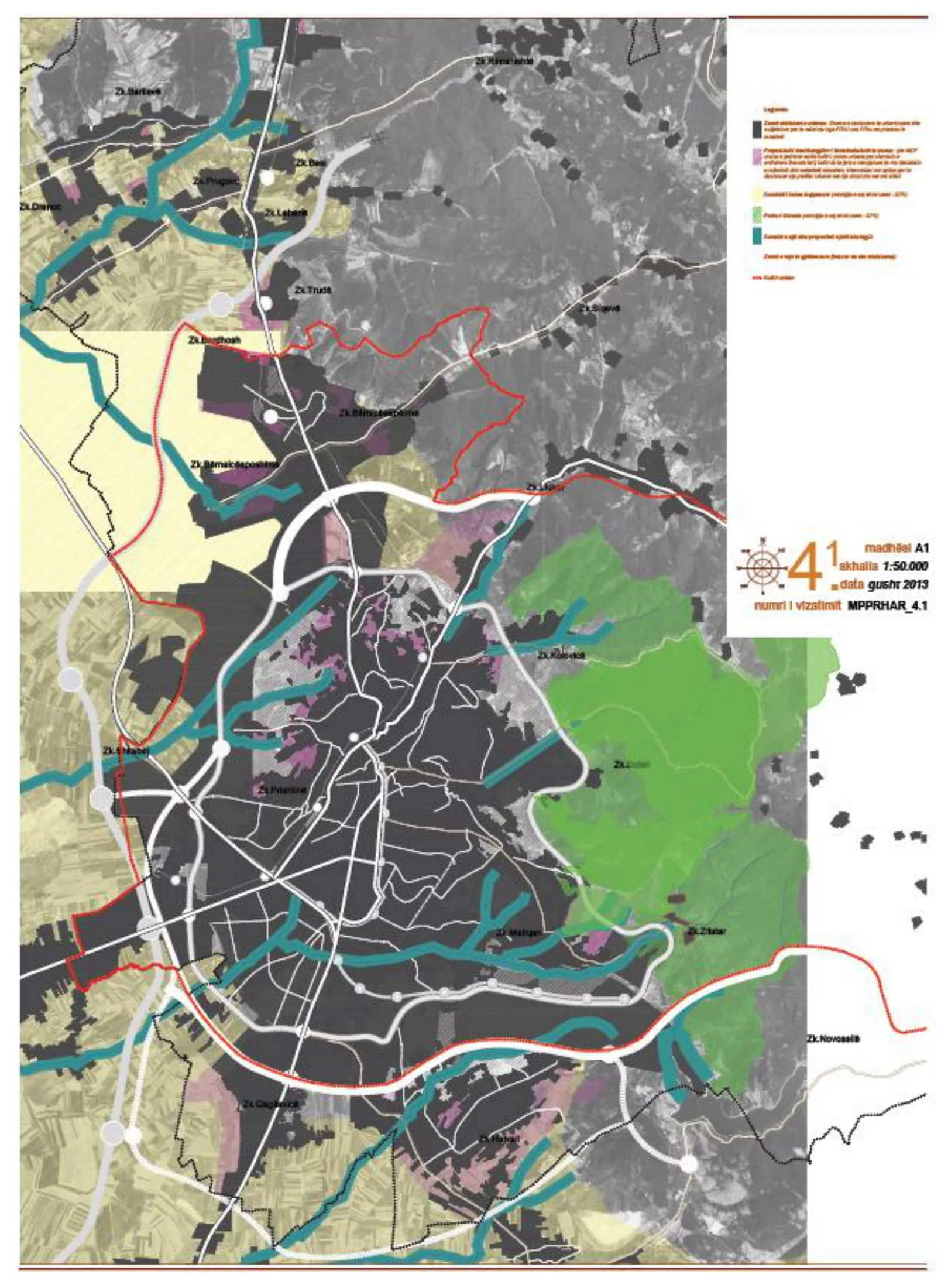Harta 19 'Kufiri urban' (urban boundary) from the Prishtina Municipal Development Plan 2012-2022, showing the proposed urban limit, green corridors and protected areas around the expanding capital.