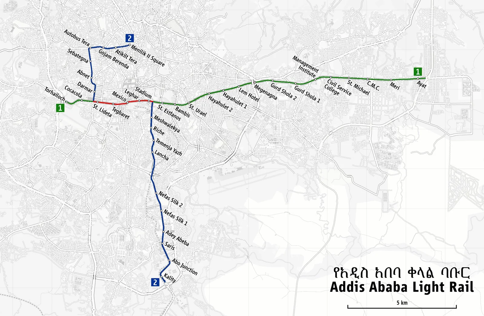 Route map of the Addis Ababa Light Rail corridors.
