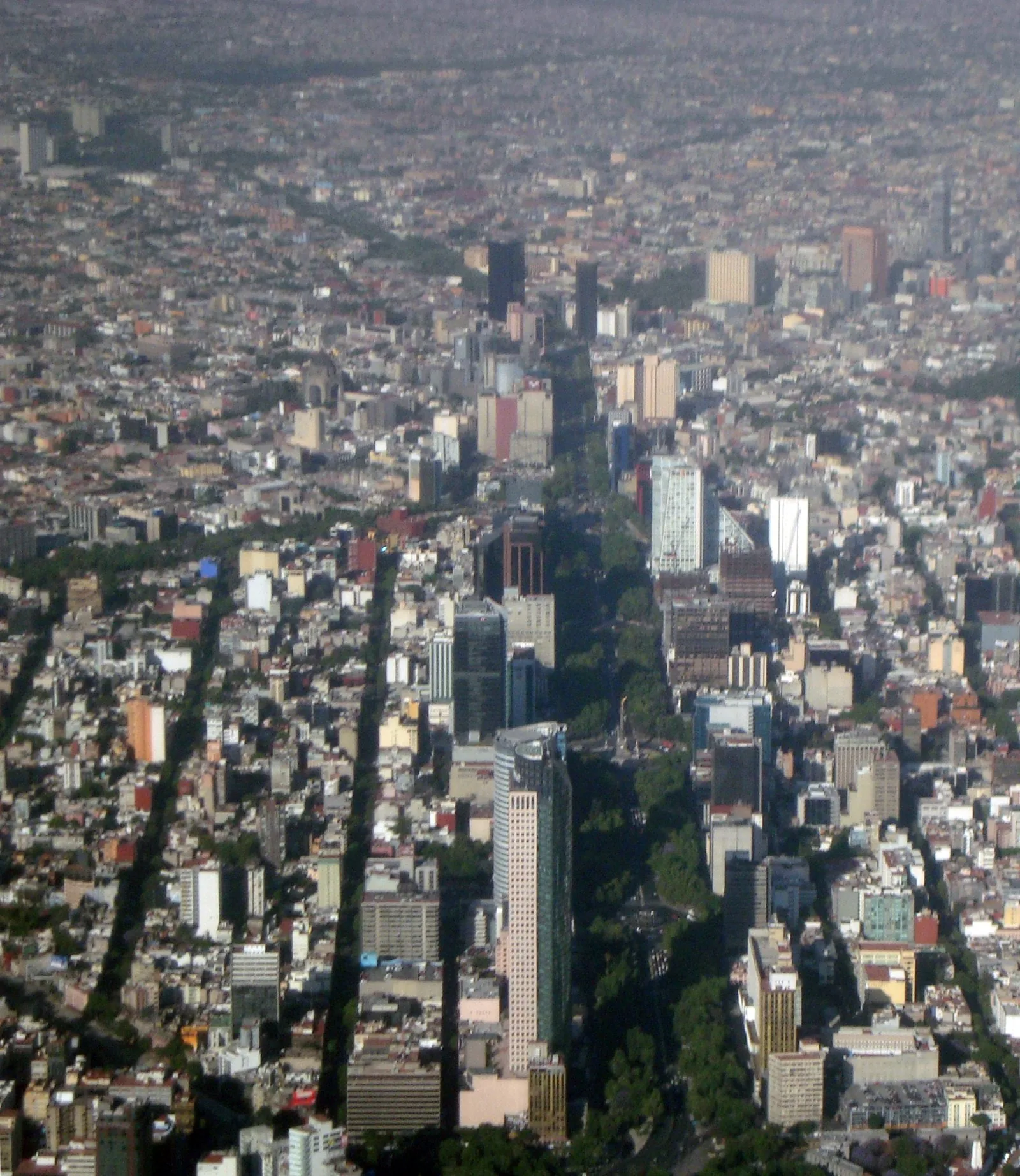 Aerial view of Paseo de la Reforma and the green corridor toward Chapultepec, Mexico City.