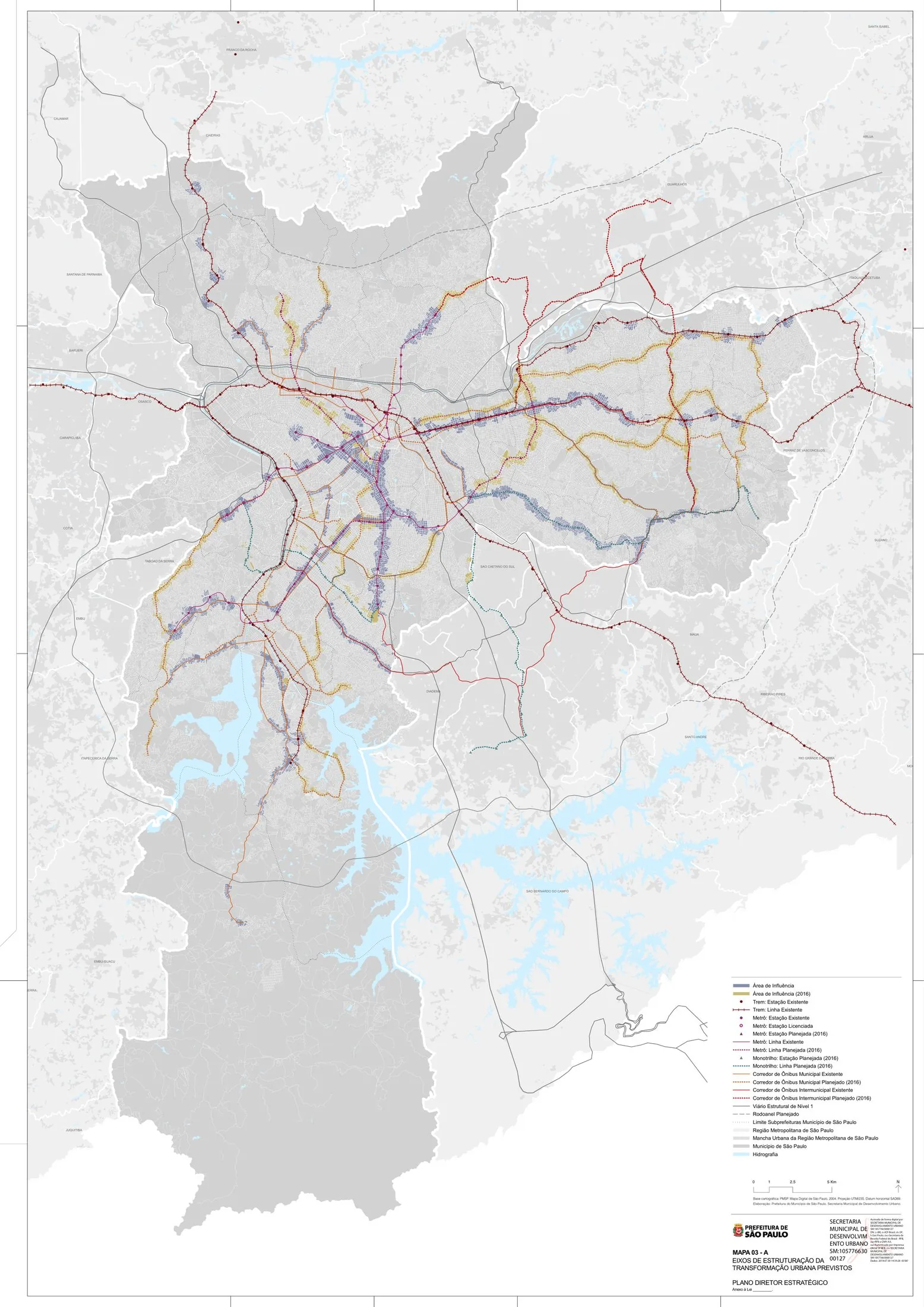 São Paulo PDE 2014, Map 03A: planned Eixos de Estruturação da Transformação Urbana — the transit corridors and their influence areas where upzoning and TOD apply.