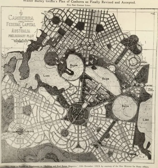 Griffin's preliminary plan of Canberra as finally revised and accepted (1913), showing the geometric land/water axes, the central basin and the radiating avenue structure of the winning competition de