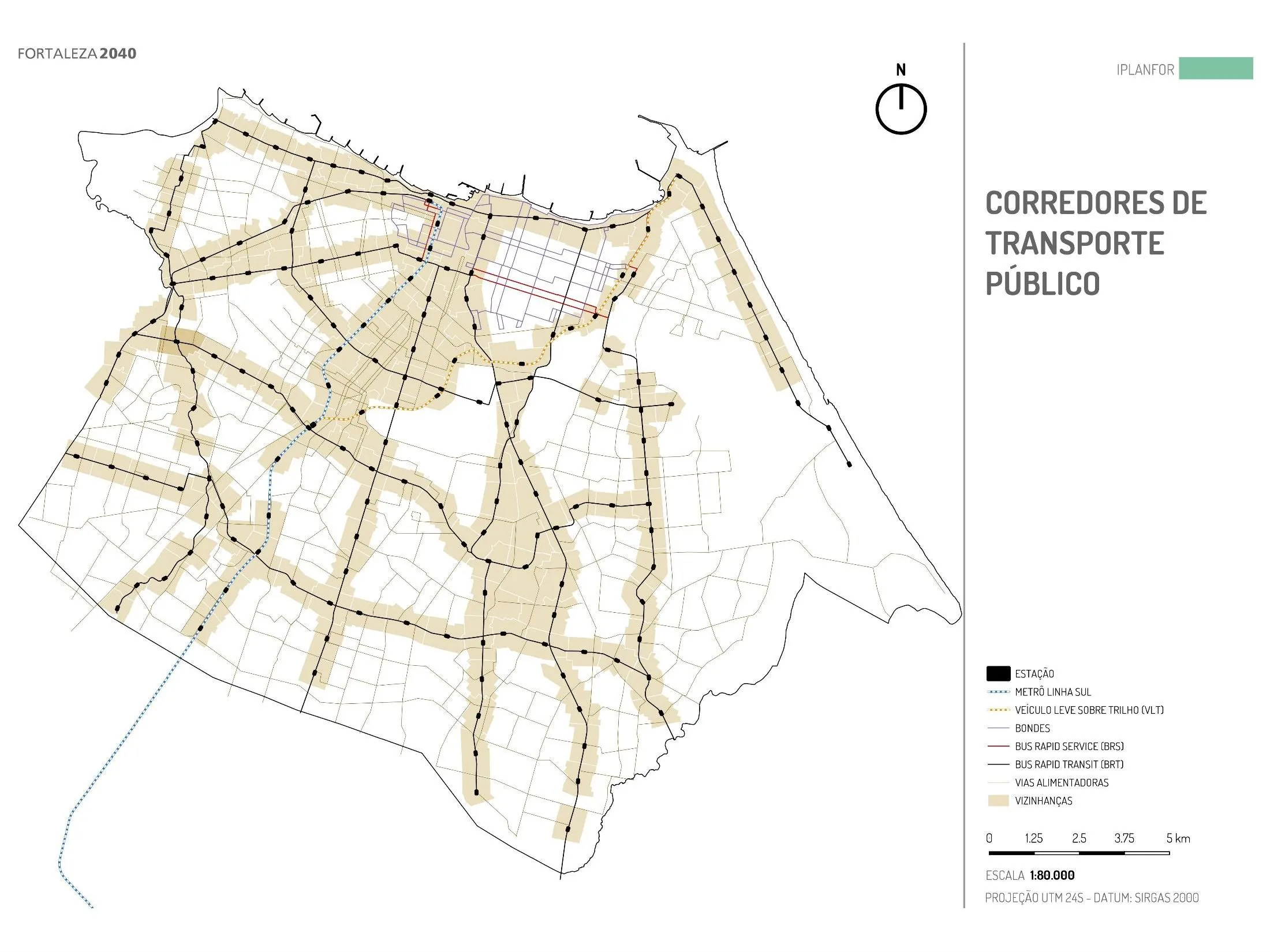 Fortaleza 2040 public transport corridor plan: metro Linha Sul, VLT, tram, BRT and BRS corridors with feeder streets and the neighbourhood catchments they serve.