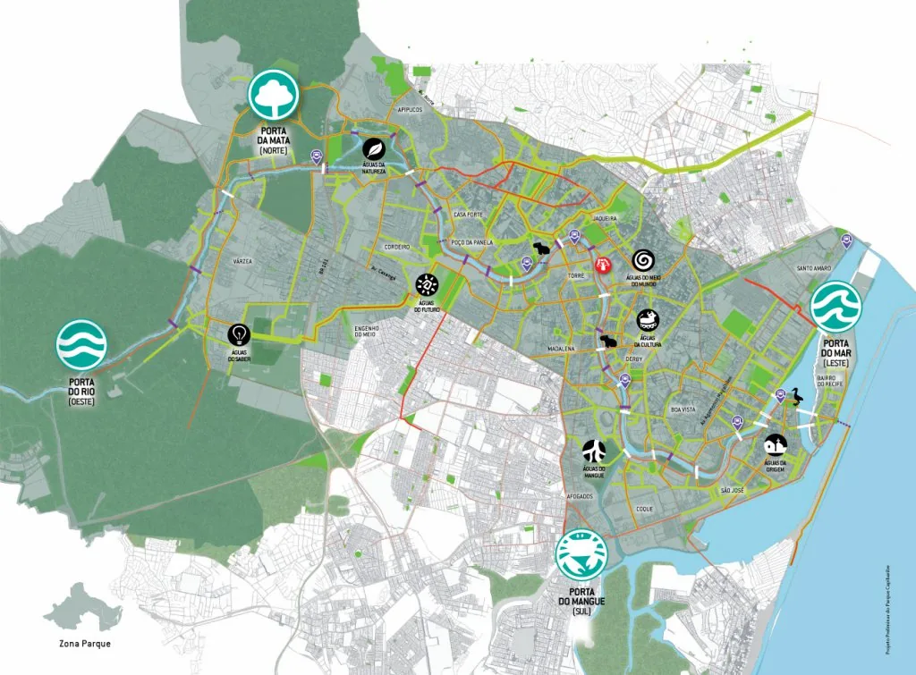 Official masterplan map of Parque Capibaribe ('Mapa do Recife e area de influencia do Parque Capibaribe'), showing the 30 km linear-park corridor following the Capibaribe river and its zone of influen