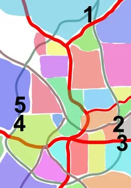 Schematic map of the 22-mile Atlanta BeltLine loop traced over the city street network, marking the rail-corridor ring around central Atlanta and the historical gaps in the right-of-way - the core pla