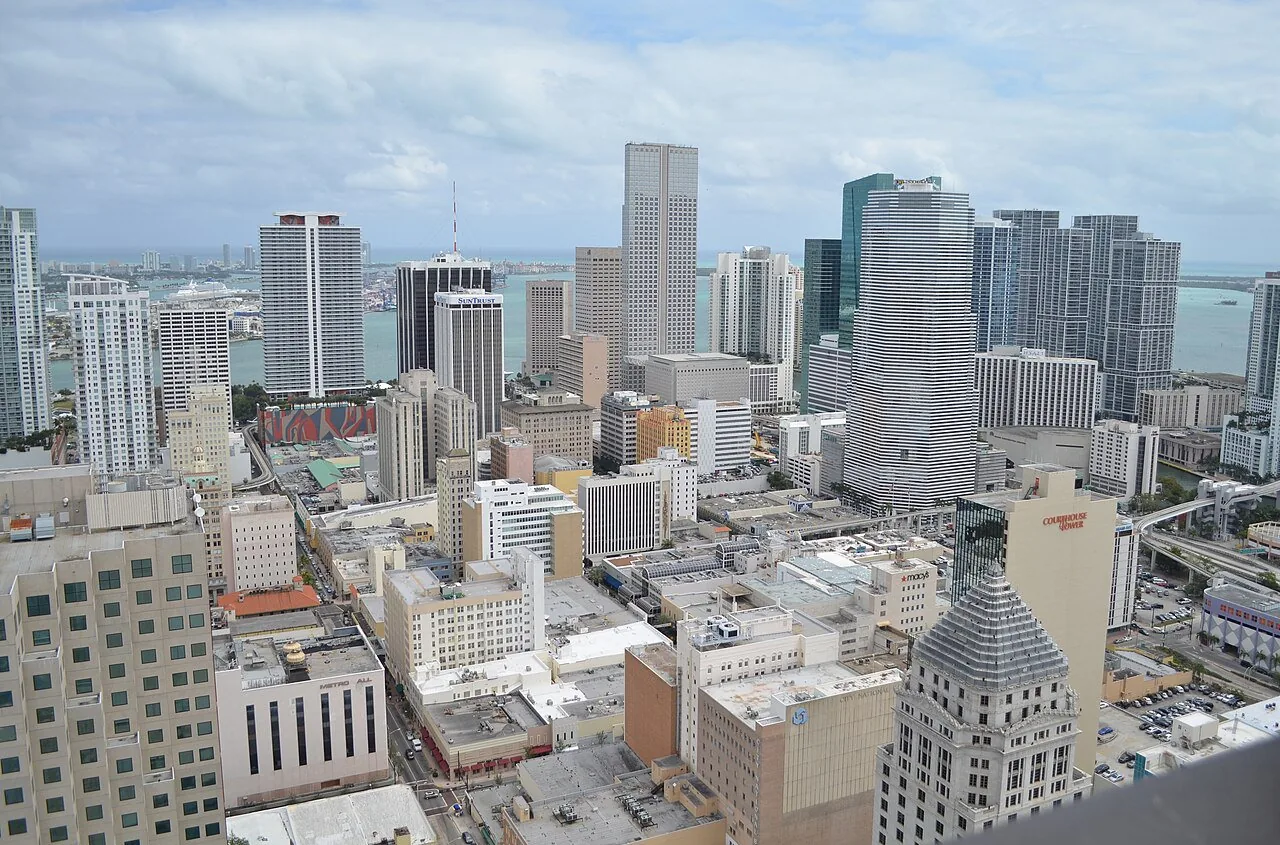 Aerial view of downtown Miami, the urban core targeted by the Miami-Dade SMART Plan transit corridors.