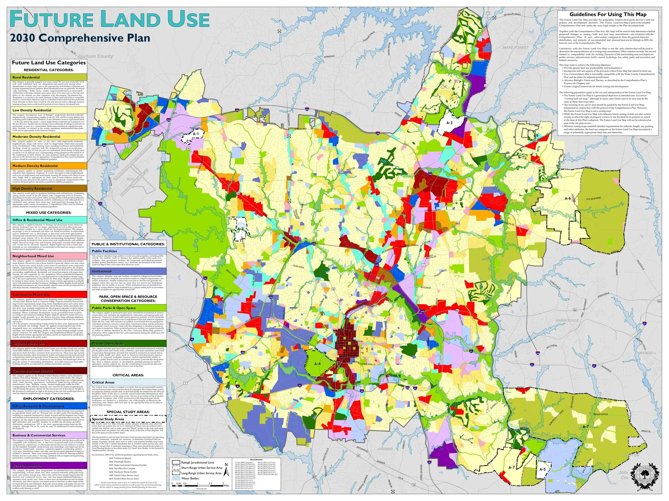 Future Land Use Map of the City of Raleigh 2030 Comprehensive Plan, the companion map to the Unified Development Ordinance, showing city growth centres, mixed-use and transit-oriented corridors across the city and its ETJ.