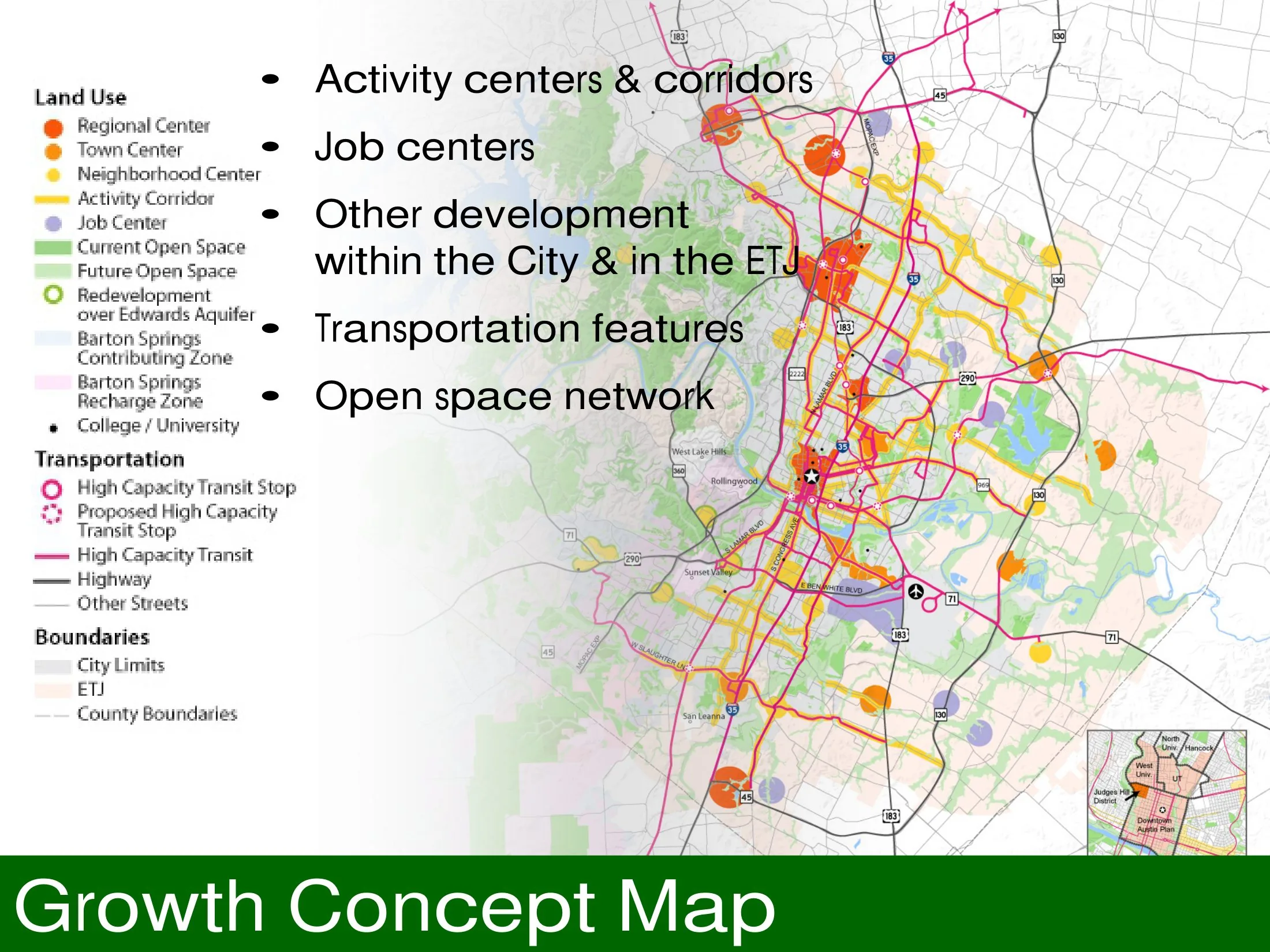 Imagine Austin Growth Concept Map (2012): activity centers and corridors, job centers, high-capacity transit and the open-space network across Austin and its ETJ