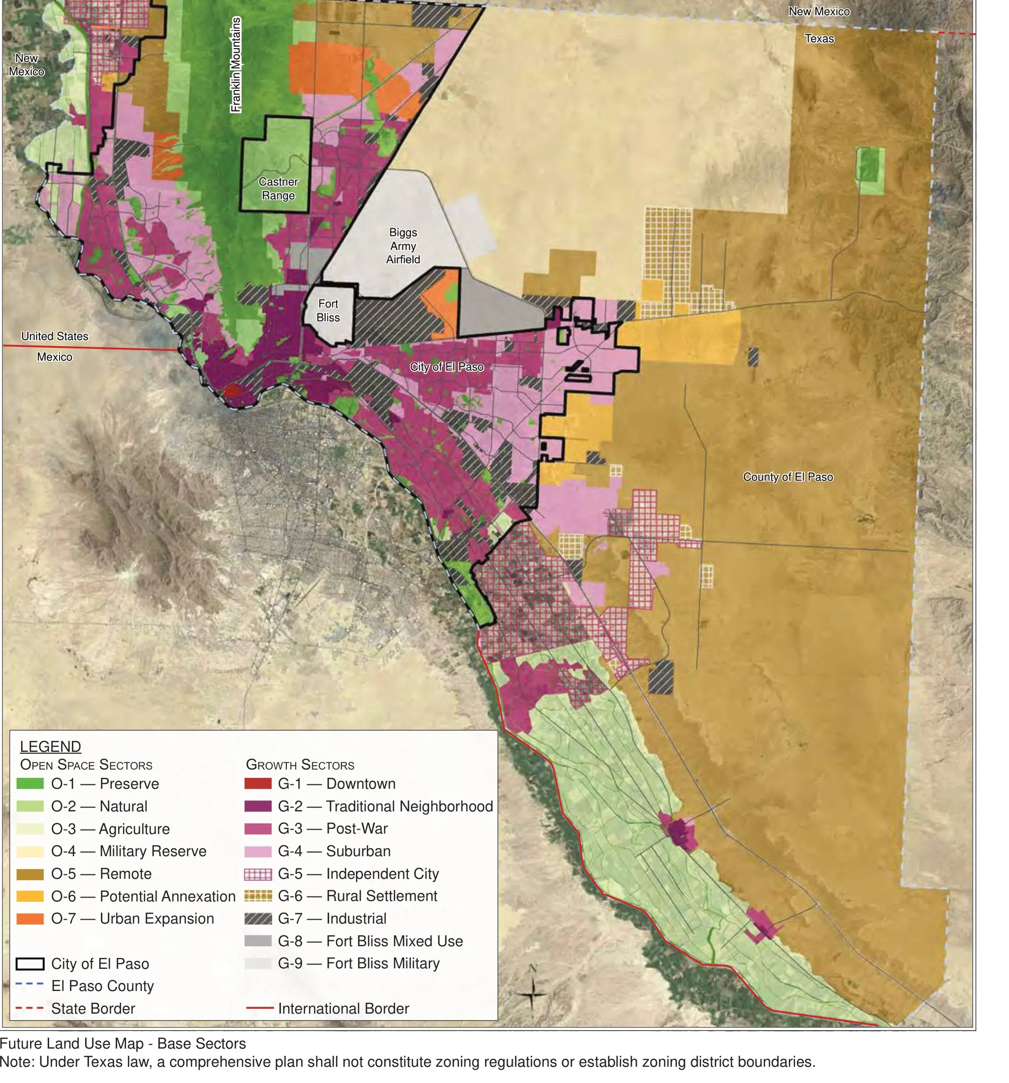 Future Land Use Map from Plan El Paso (2012), assigning SmartCode open-space sectors (O-1 to O-7) and growth sectors (G-1 Downtown to G-9 Fort Bliss Military) across the city and its ETJ.