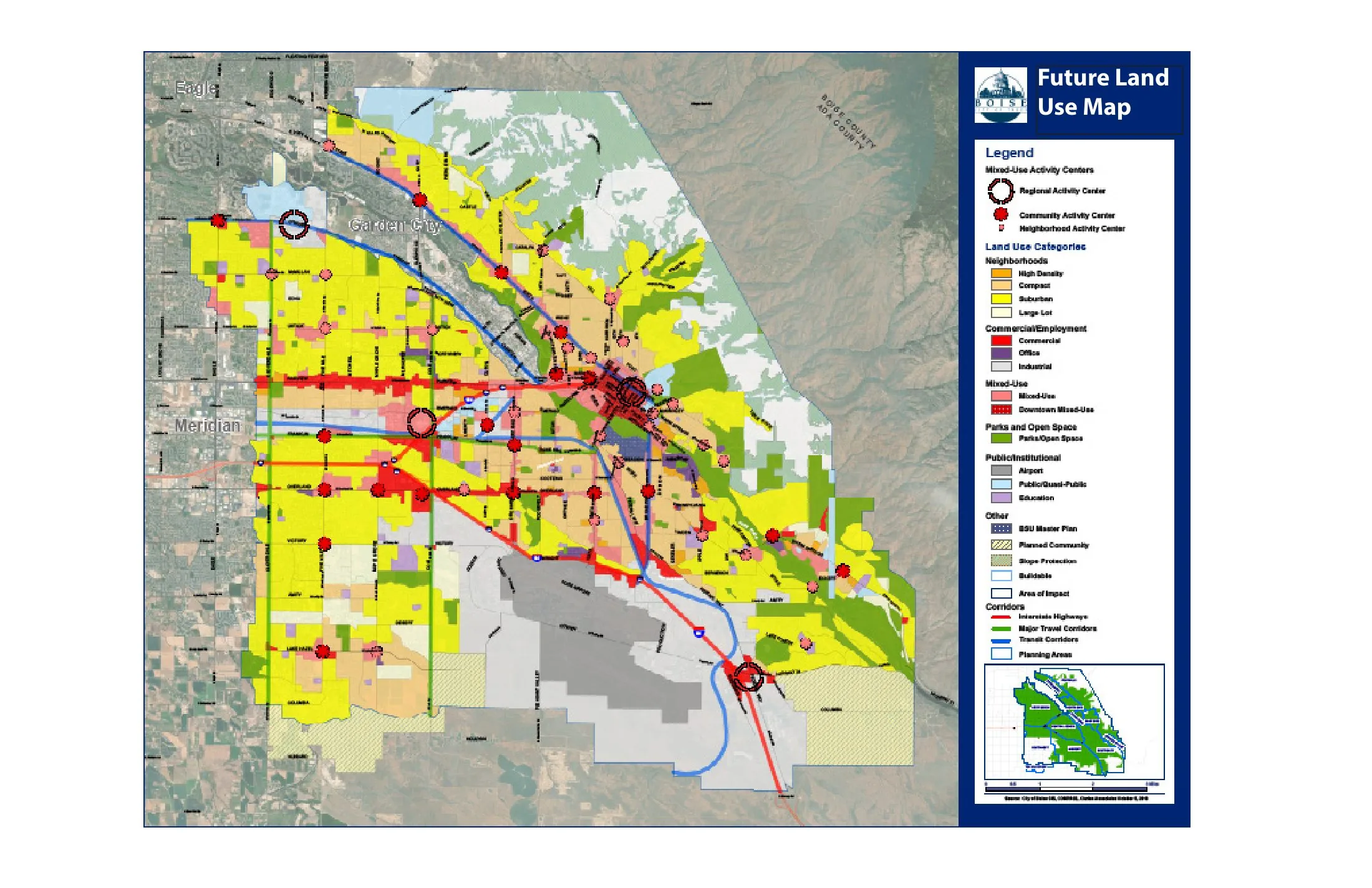 Blueprint Boise Future Land Use Map: compact and suburban neighbourhood categories, mixed-use activity centres, transit and travel corridors, and the slope-protection band across the Boise Foothills.