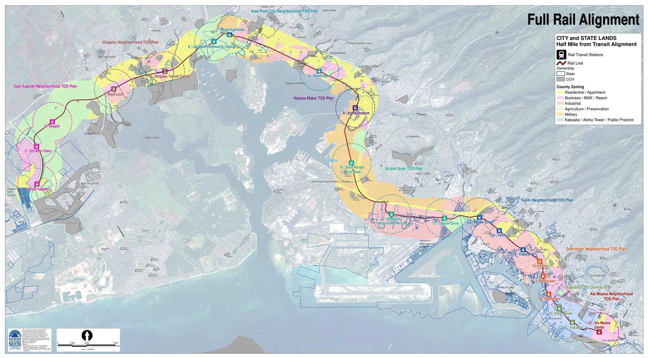 Full rail alignment TOD plan map for O‘ahu: the eight Neighborhood TOD Plan areas and Kaka‘ako TOD overlay along the Honolulu rail line, with half-mile station catchments, county zoning and State/City land ownership