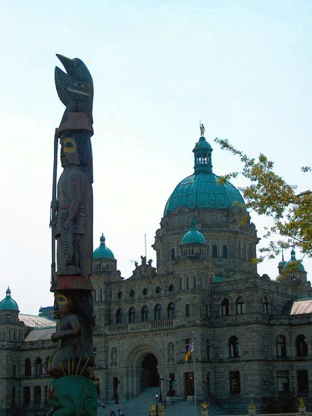 Downtown Victoria, British Columbia, with the legislature building on the Inner Harbour.