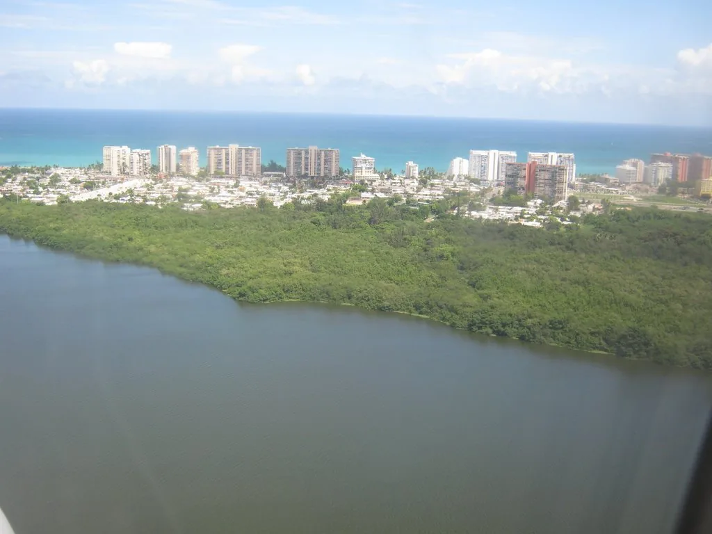 Aerial view of the Caño Martín Peña channel and surrounding communities, San Juan, Puerto Rico.