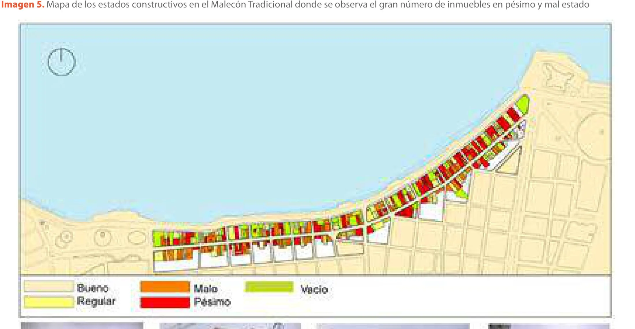 Survey plan of building condition along Havana's Malecón Tradicional, prepared from Plan Maestro data for the Oficina del Historiador's integral rehabilitation of the seafront: good, fair, poor, very poor and vacant plots.