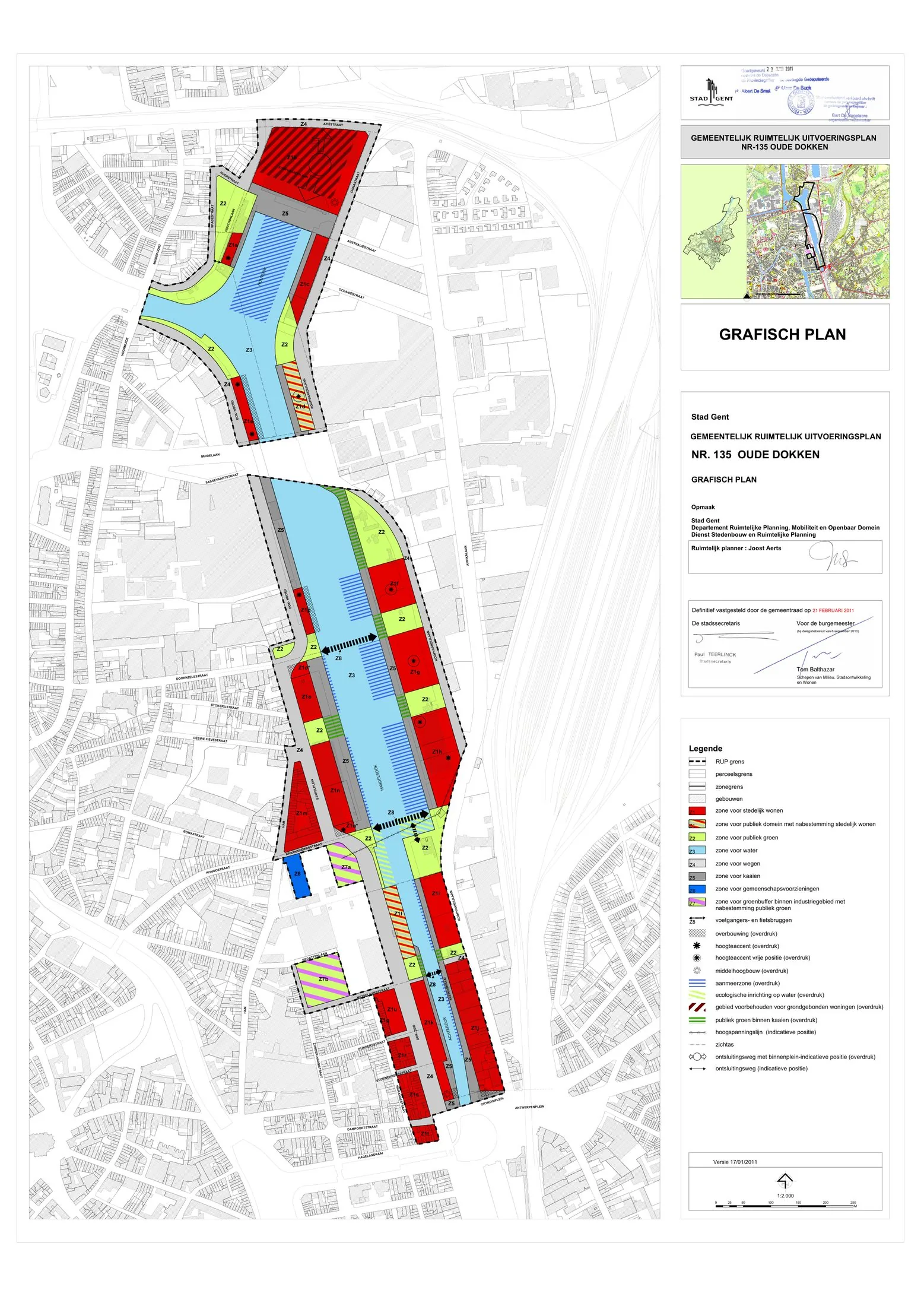 Statutory graphic plan (1:2,000) of RUP 135 Oude Dokken, Ghent: zoning of the Houtdok, Handelsdok and Achterdok into a mixed-use waterfront district