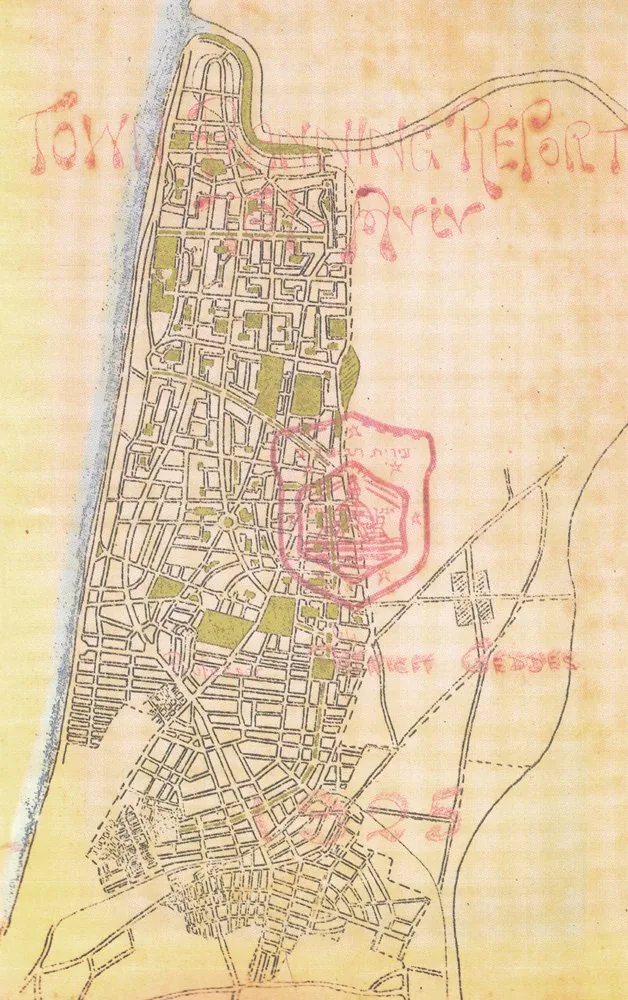 Geddes' 1925 town plan for Tel Aviv, defining the hierarchy of main and minor streets and the network of garden blocks north of the existing settlement.