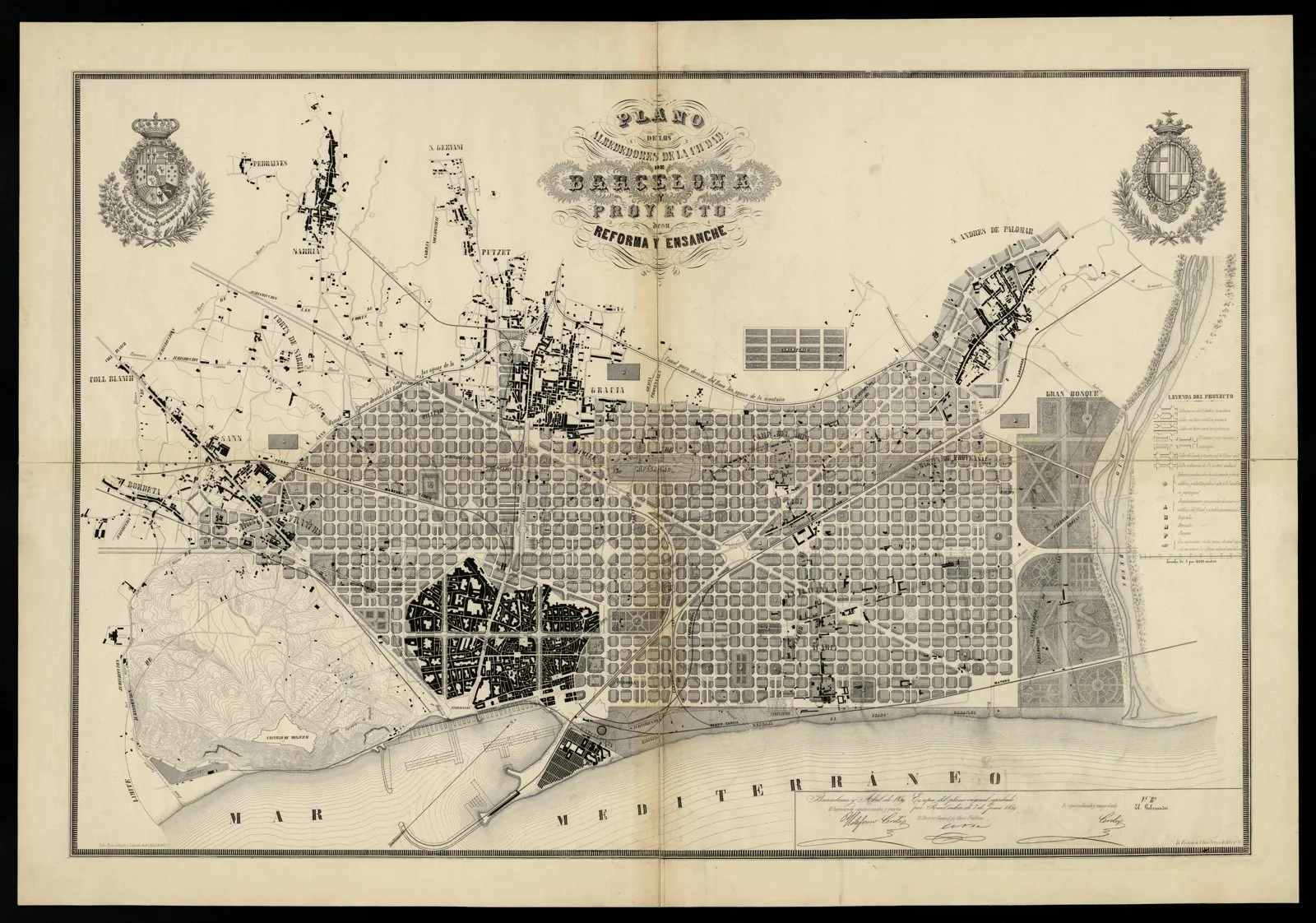 Cerdà's 1859 Eixample plan — the chamfered grid on which Barcelona's Superilles (2016–) are overlaid as 3×3 block clusters.