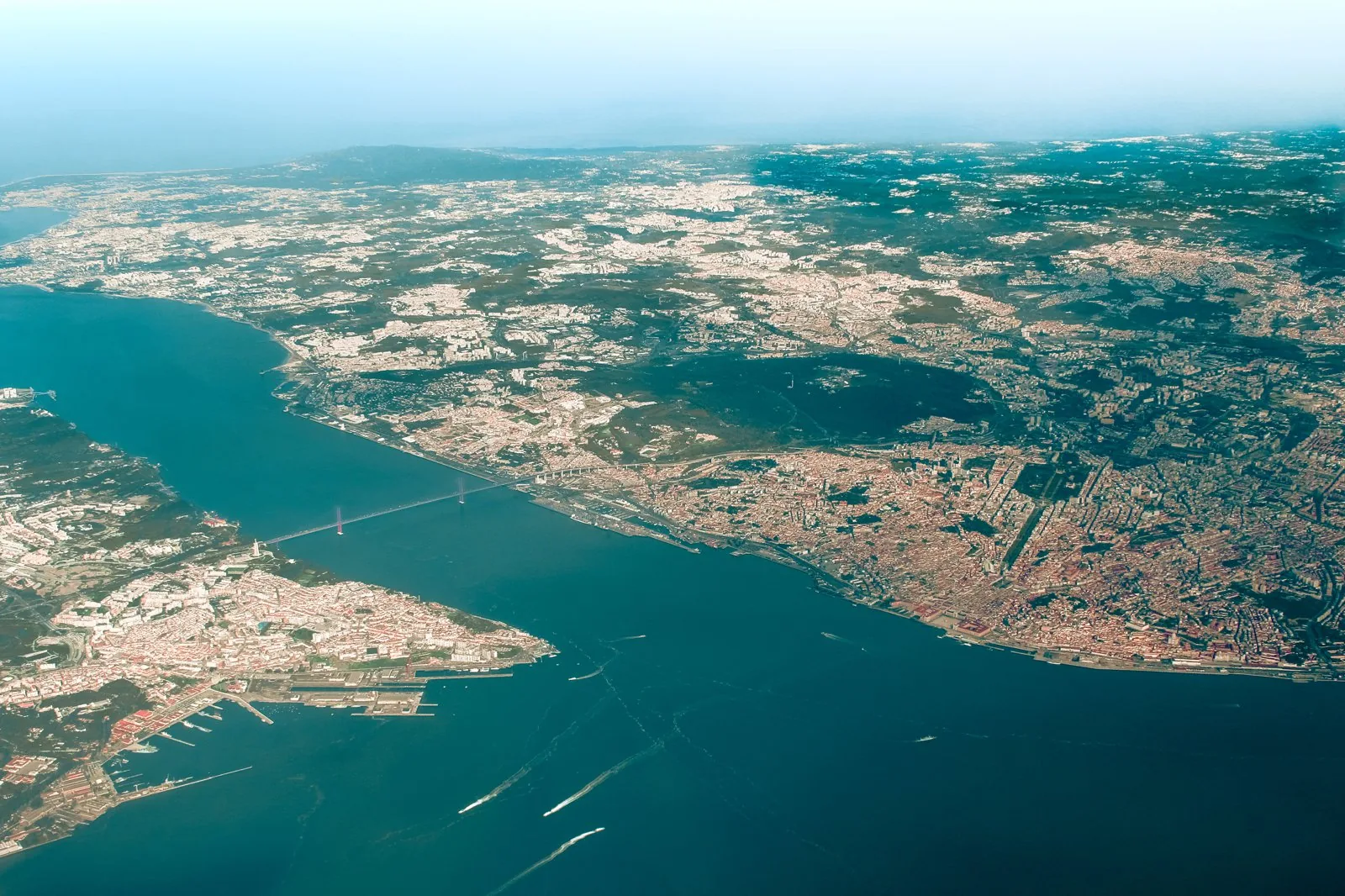 Aerial view of Lisbon along the Tagus estuary.