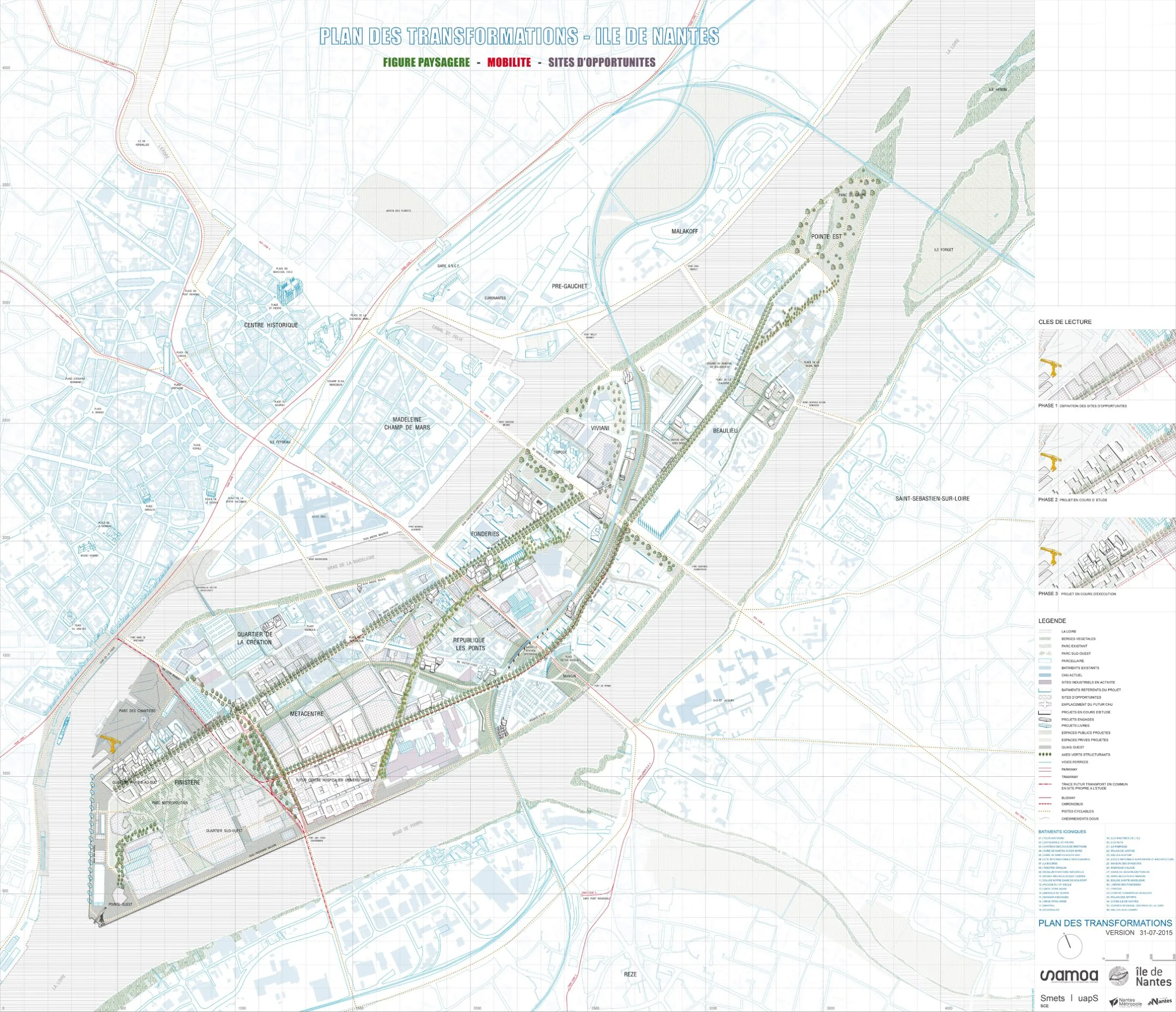 Plan des transformations of the Île de Nantes (2015): phased build-out, tram/busway network and land use across the river island