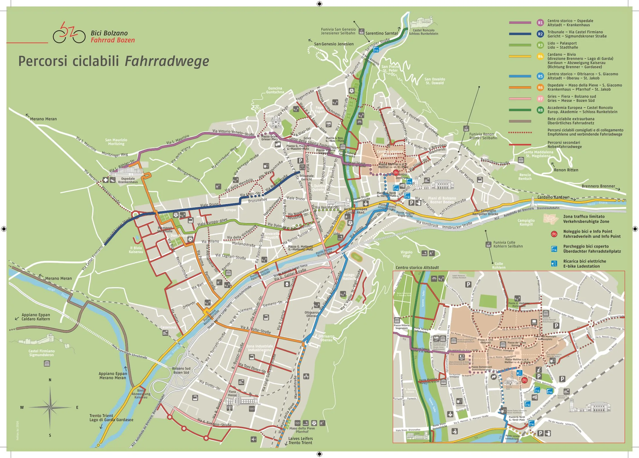Bolzano's cycle-network plan, the core of the city's mobility plan: eight colour-coded main cycle axes (R1-R8) plus secondary routes, the extra-urban network, traffic-calmed zones, covered cycle parking and e-bike charging, with an inset of the historic centre.
