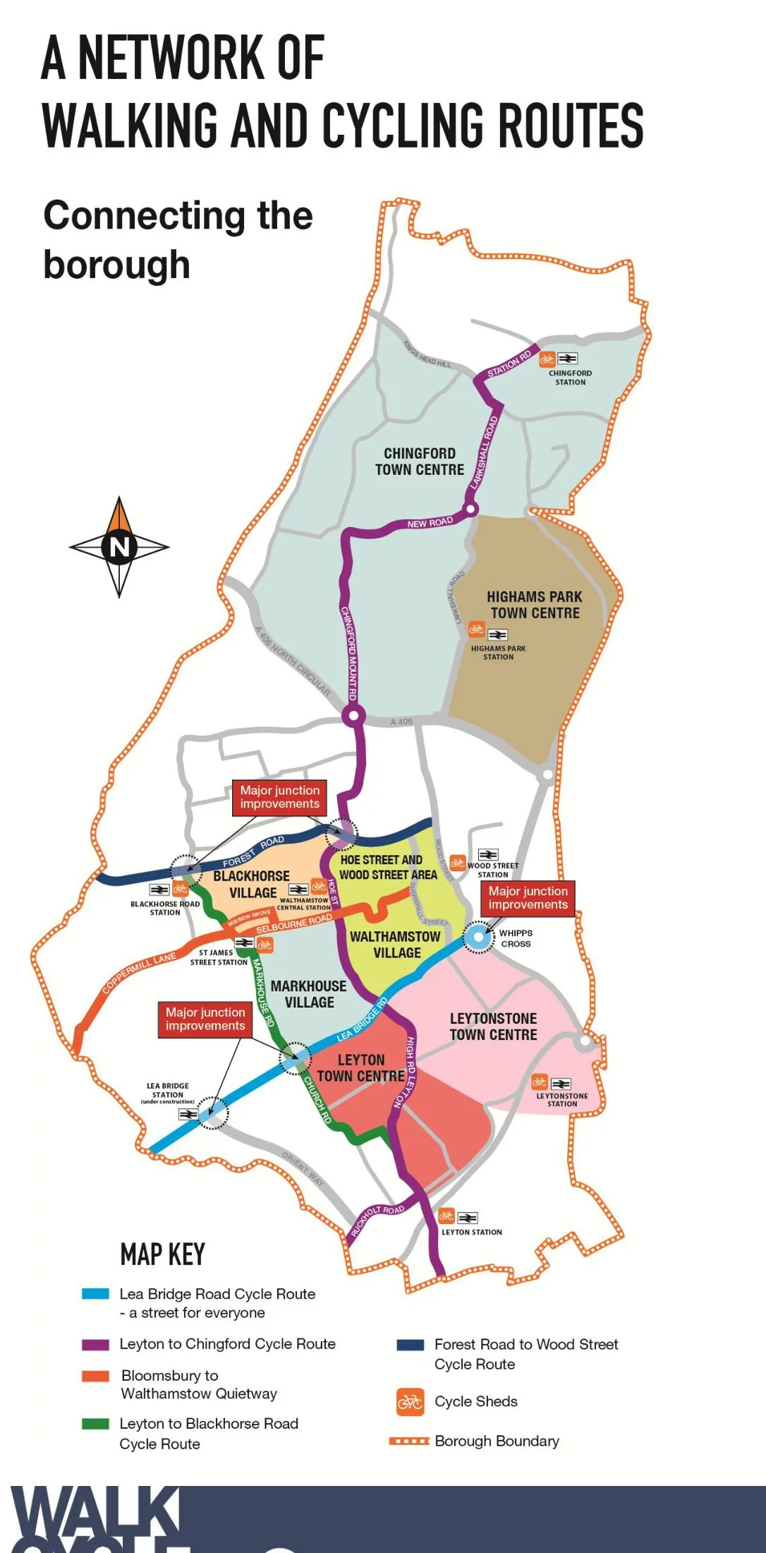 Mini-Holland network plan for Waltham Forest: borough-wide walking and cycling routes, village low-traffic areas and major junction improvements.