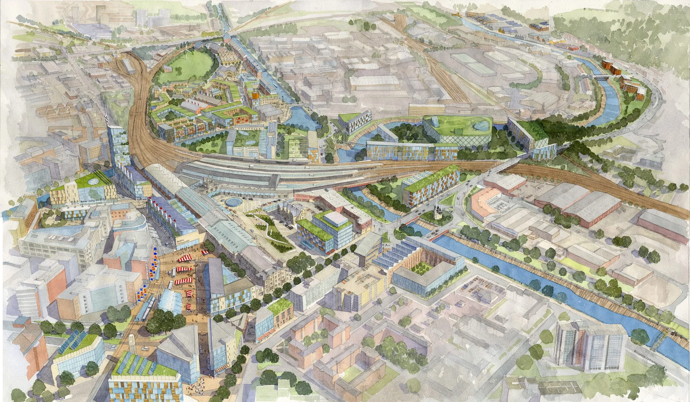 Ferguson Mann Architects' 2012 preliminary masterplan illustration for the Bristol Temple Quarter Enterprise Zone, showing the re-ordered approach to Temple Meads station, a new eastern entrance and square, and mixed-use blocks along the Floating Harbour and Feeder Canal.