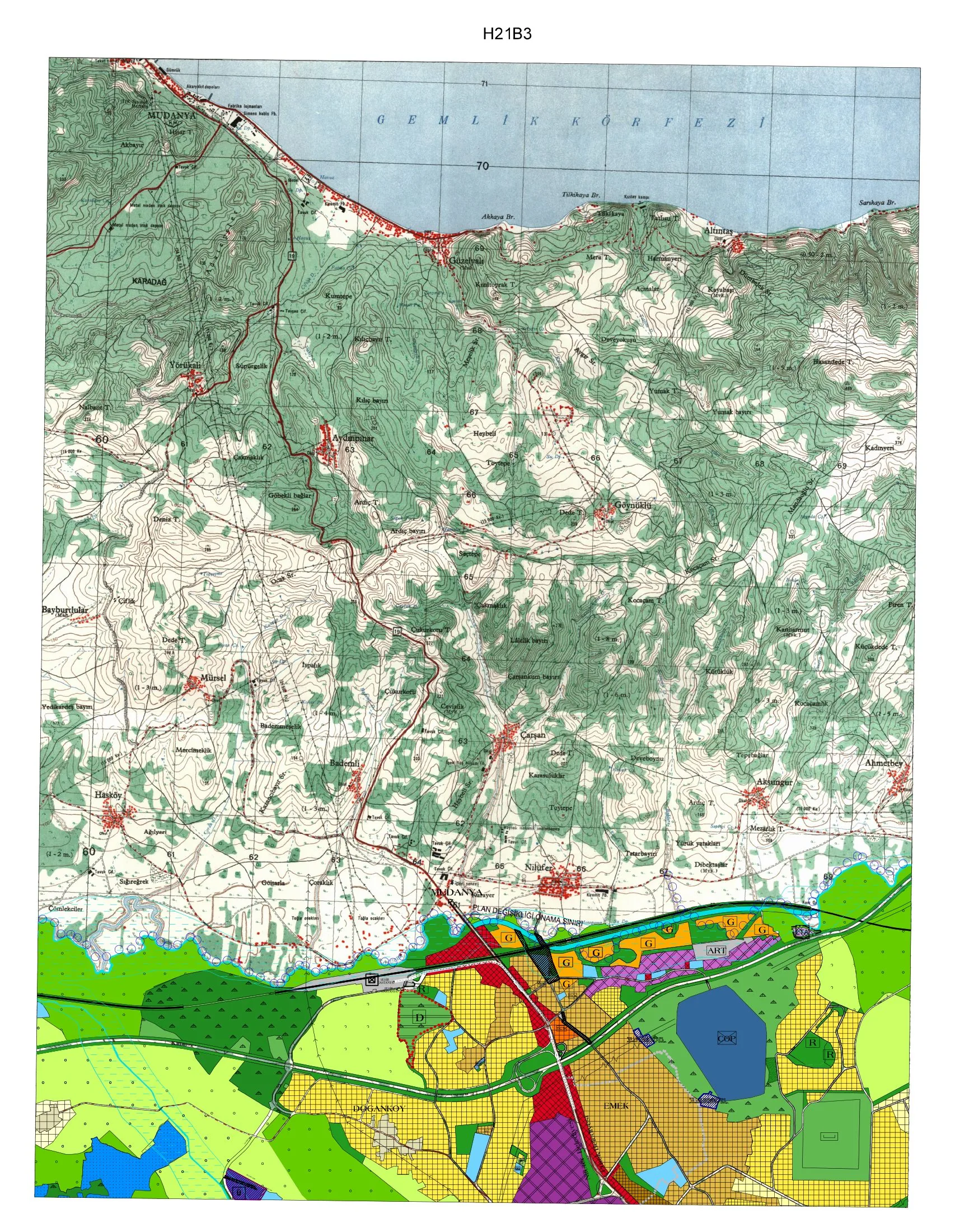 Sheet H21B3 of Bursa's 1/25,000 master plan (nazım imar planı): the Mudanya–Gemlik corridor with industrial and logistics areas, settlement zones and agricultural/green belt land west of the Gulf of Gemlik.