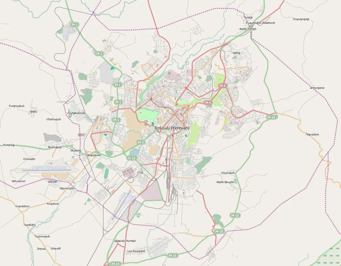 Street map of Yerevan, the city covered by the Yerevan General Plan 2020.