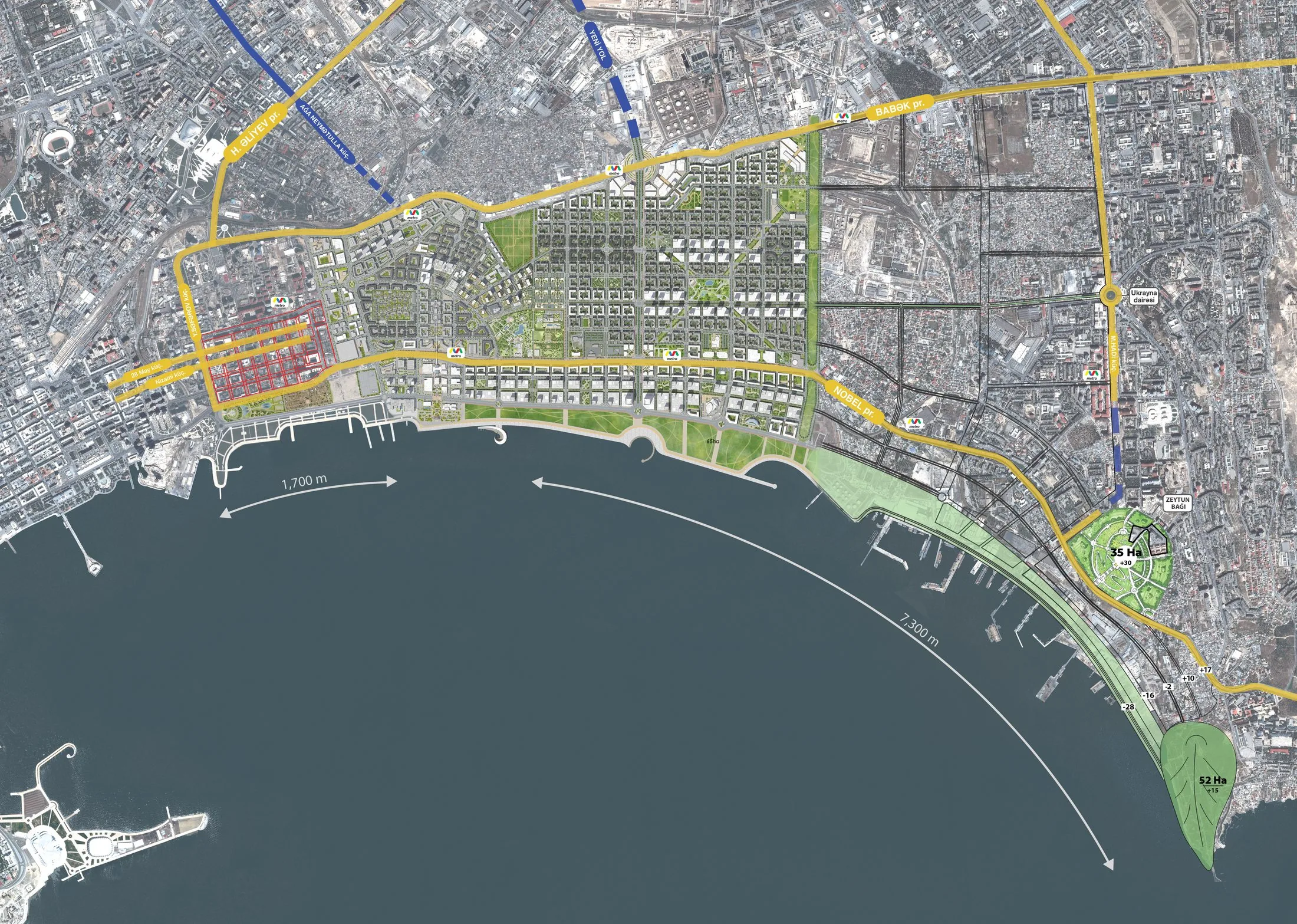 Baku White City general master plan drawing, showing the ten districts laid out over the former Black City oilfield on Baku Bay