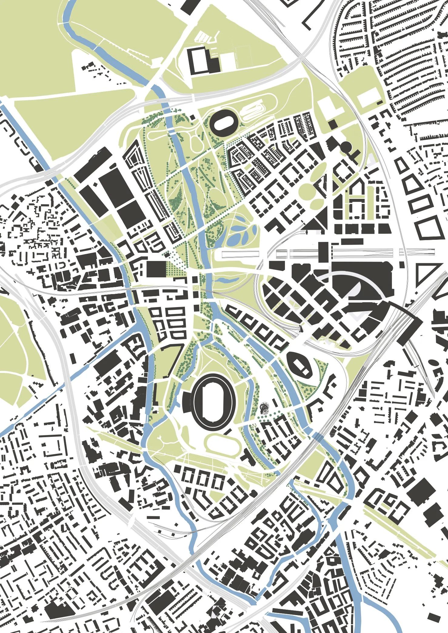 Legacy masterplan figure-ground for Queen Elizabeth Olympic Park: new perimeter-block neighbourhoods (Chobham Manor, East Wick, Sweetwater, Pudding Mill) knitted into the surrounding Stratford and Hackney Wick fabric around the retained park, stadium and waterways.