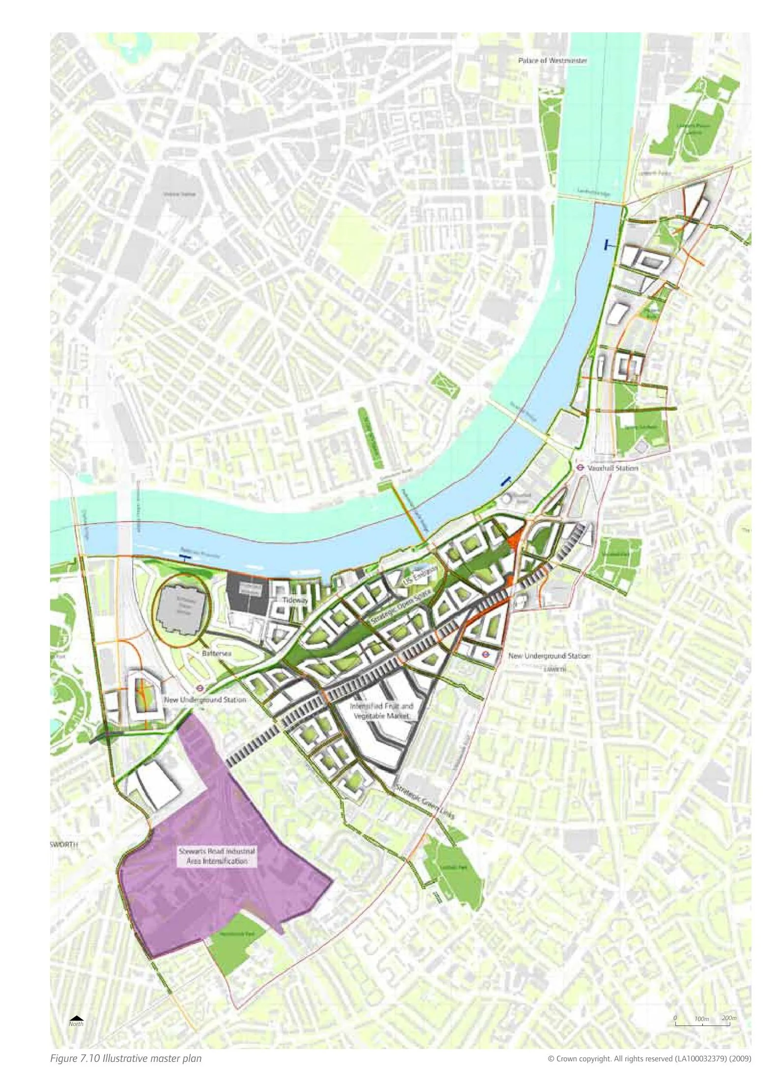 Illustrative master plan for the Vauxhall Nine Elms Battersea Opportunity Area, showing the high-density corridor from Vauxhall to Battersea Power Station with the new linear park and street network