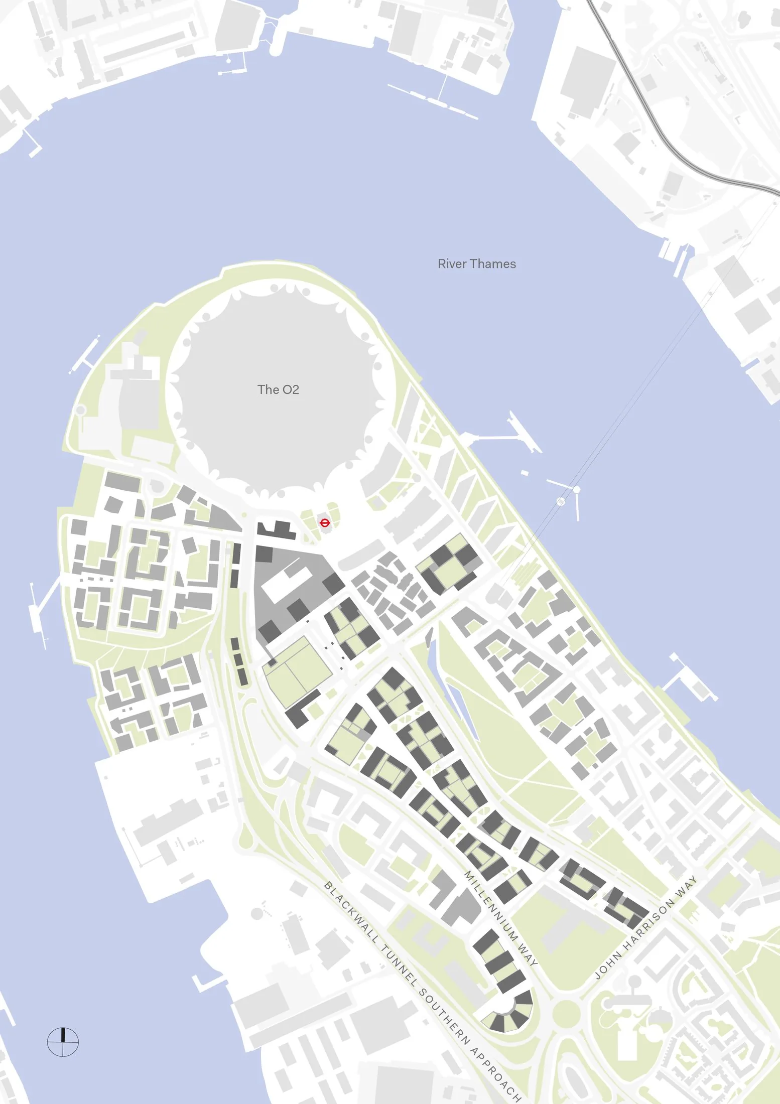 Greenwich Peninsula masterplan site plan: new perimeter blocks, streets and parks around The O2, with the 2019 revision area shown in dark grey.