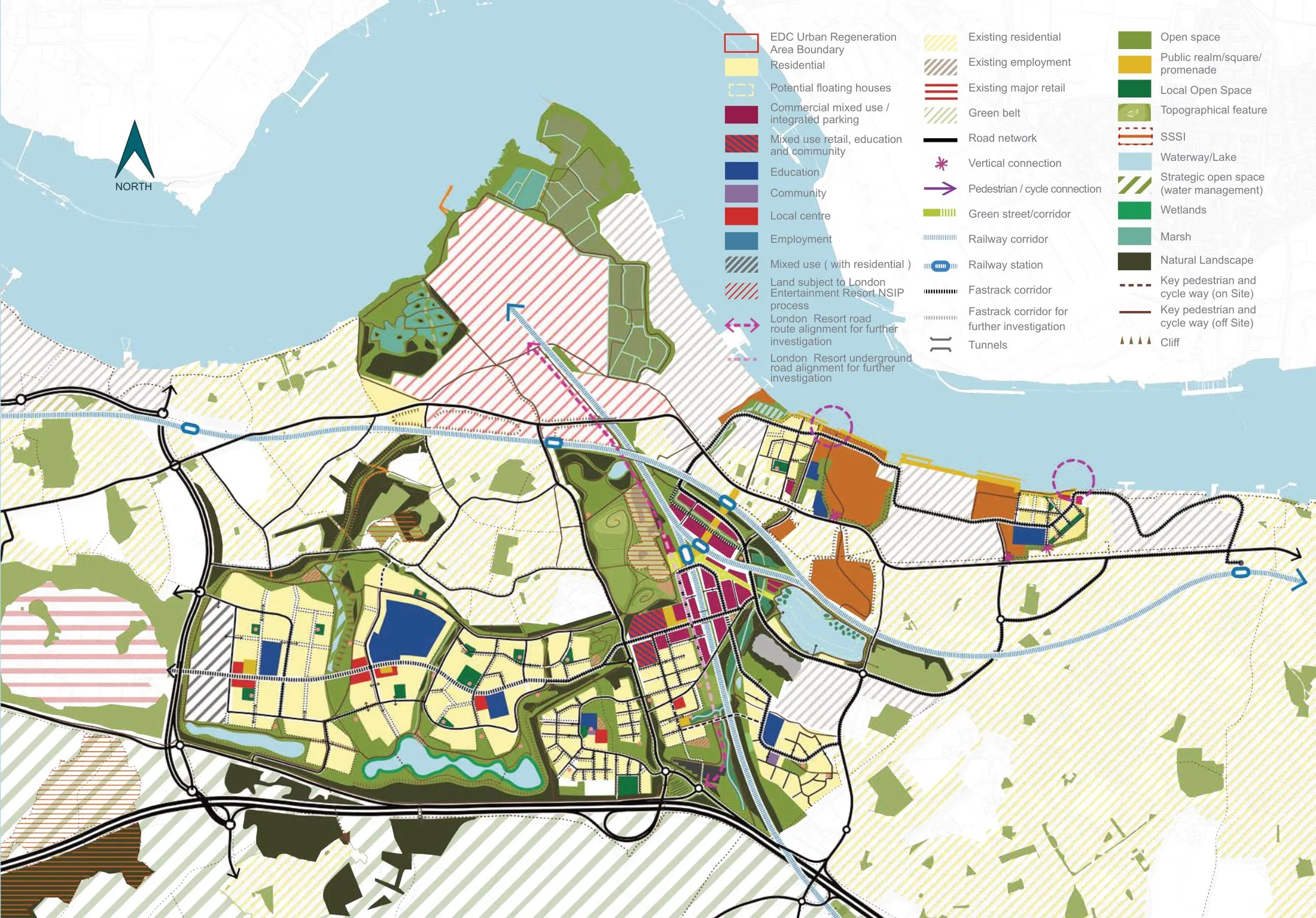Ebbsfleet Garden City masterplan: land-use plan of the four development areas with residential, employment, local centres, Fastrack corridors and green/blue network.