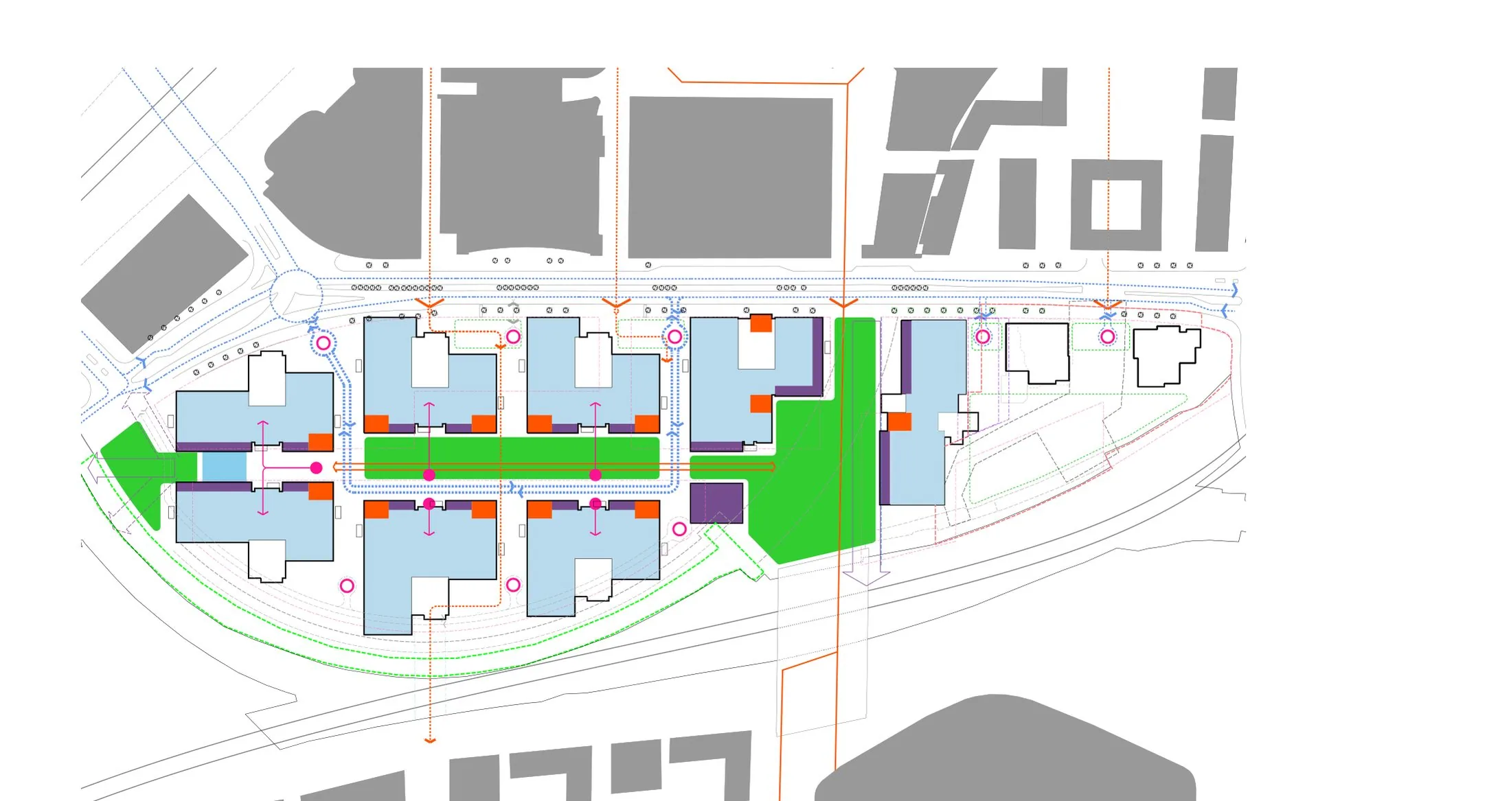 International Quarter London masterplan site plan at Stratford, between Westfield Stratford City and Queen Elizabeth Olympic Park, showing the north and south commercial plots and public realm