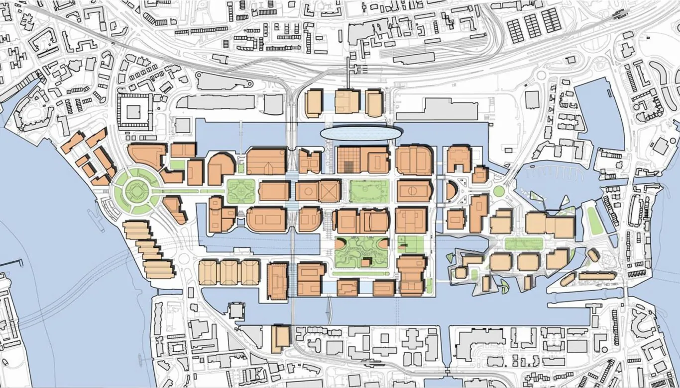 SOM's Canary Wharf master plan for the Isle of Dogs, showing the layout of building sites organised as a grid of blocks around major open courts on the West India Docks peninsula. Image © SOM.