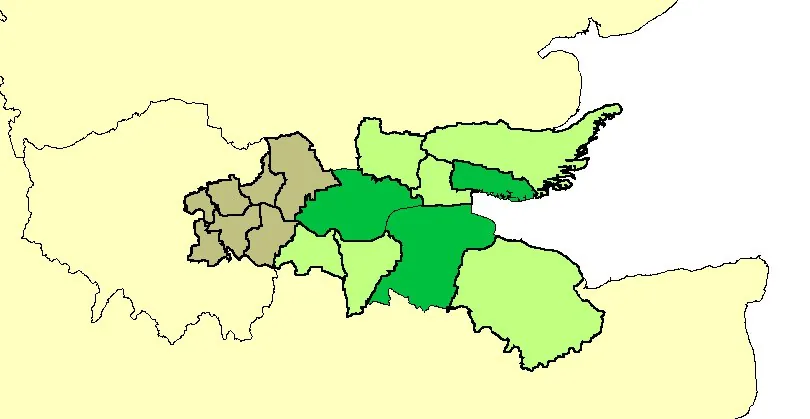 Map of the Thames Gateway planning area along the Thames estuary, showing the constituent districts in London, Essex and Kent covered by the 1995 planning framework.