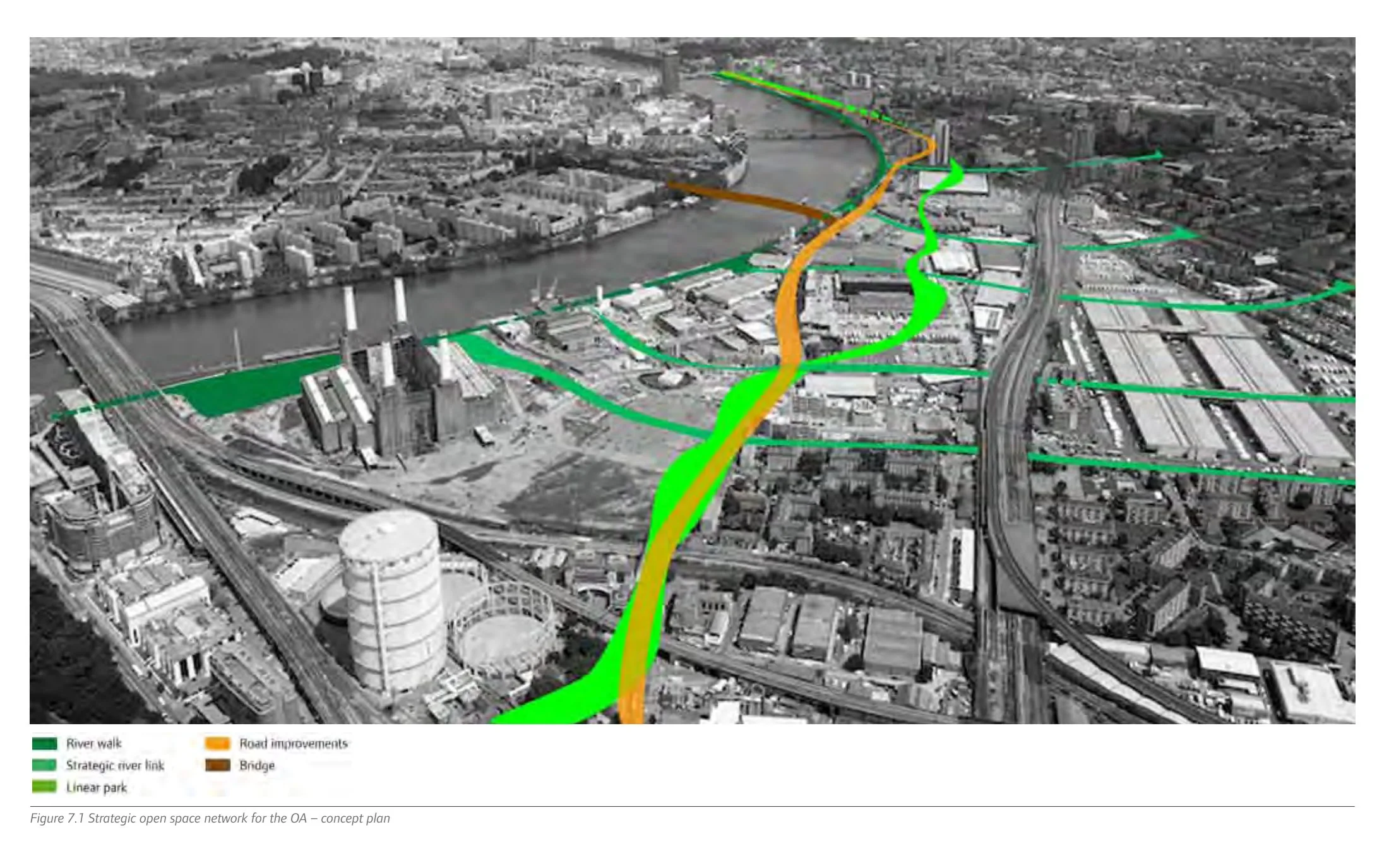 Strategic open space concept plan for Vauxhall Nine Elms Battersea: the Nine Elms Linear Park (light green) with river walk, strategic river links, road improvements and the new pedestrian bridge