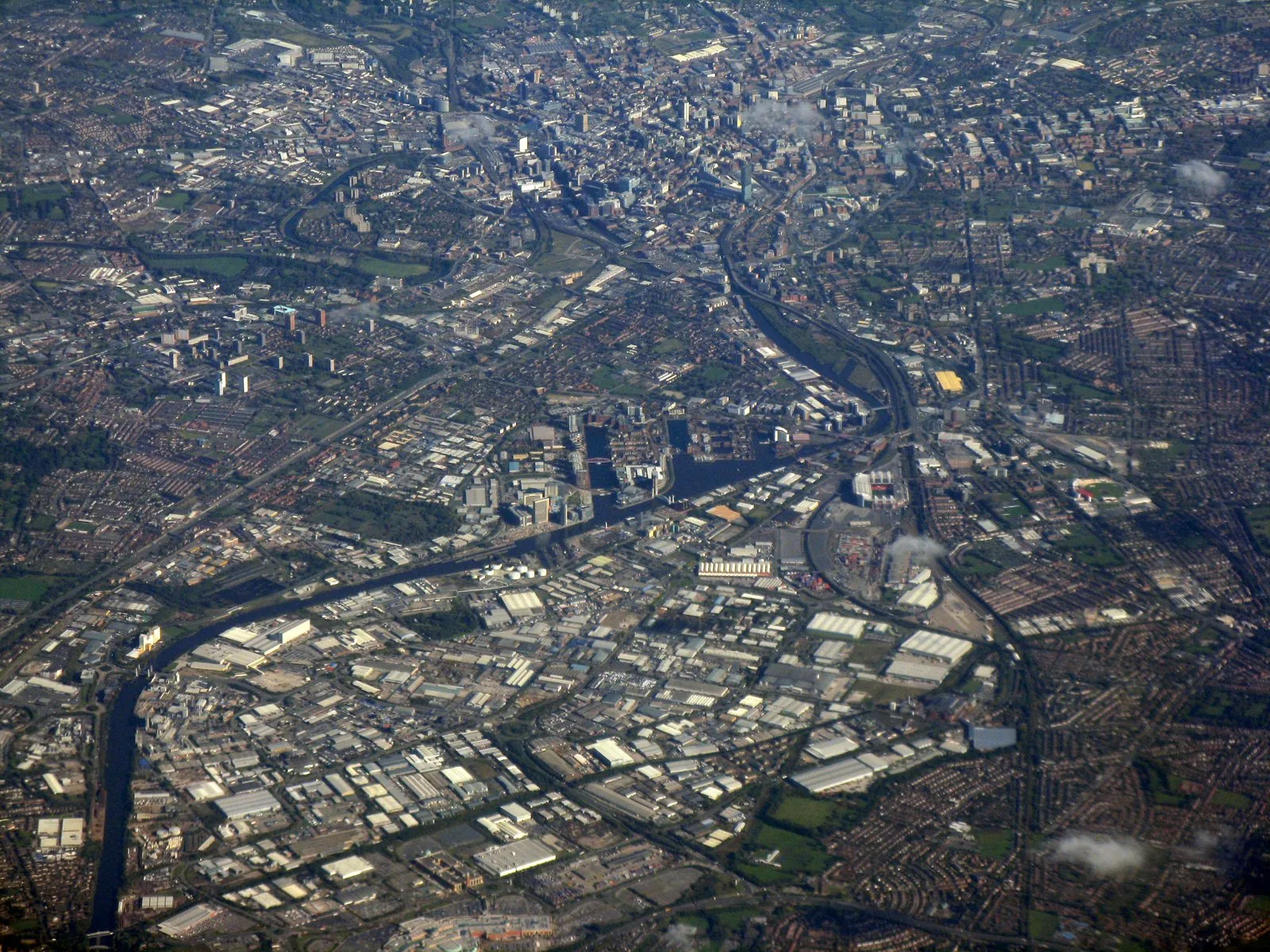 Aerial view of Manchester, Salford and Trafford; the Northern Gateway / Victoria North scheme lies north of the city centre.