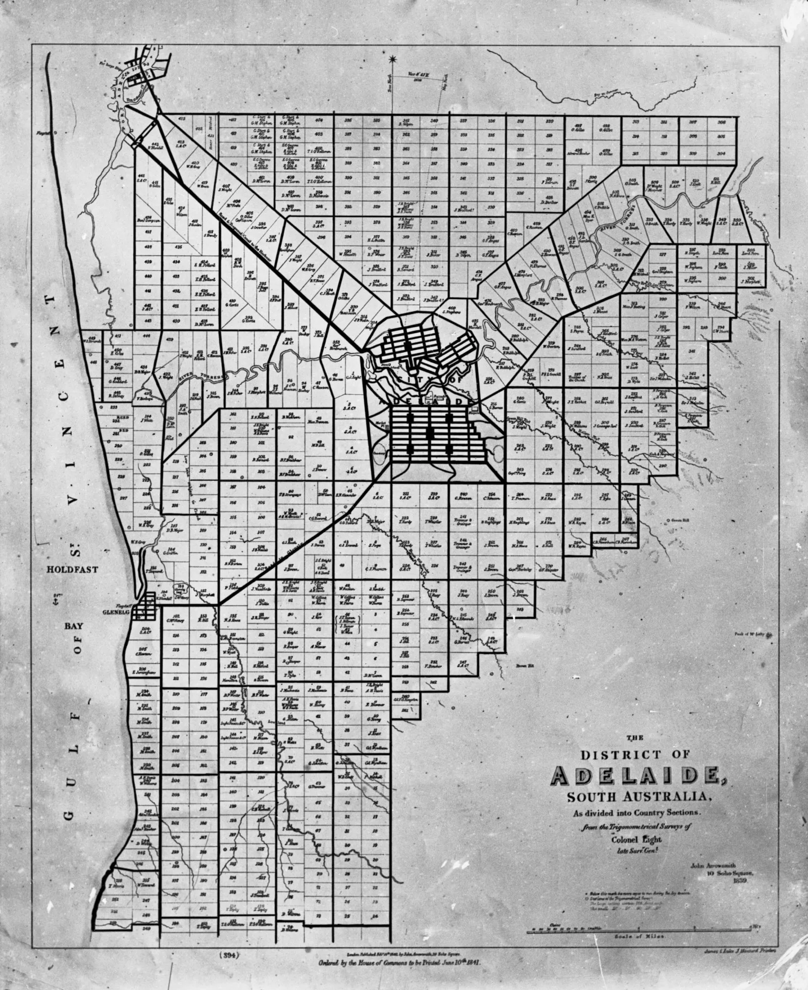 Colonel William Light's 1837 plan of Adelaide, showing the grid of the city's square mile and North Adelaide separated by the River Torrens, encircled by the belt of parklands.