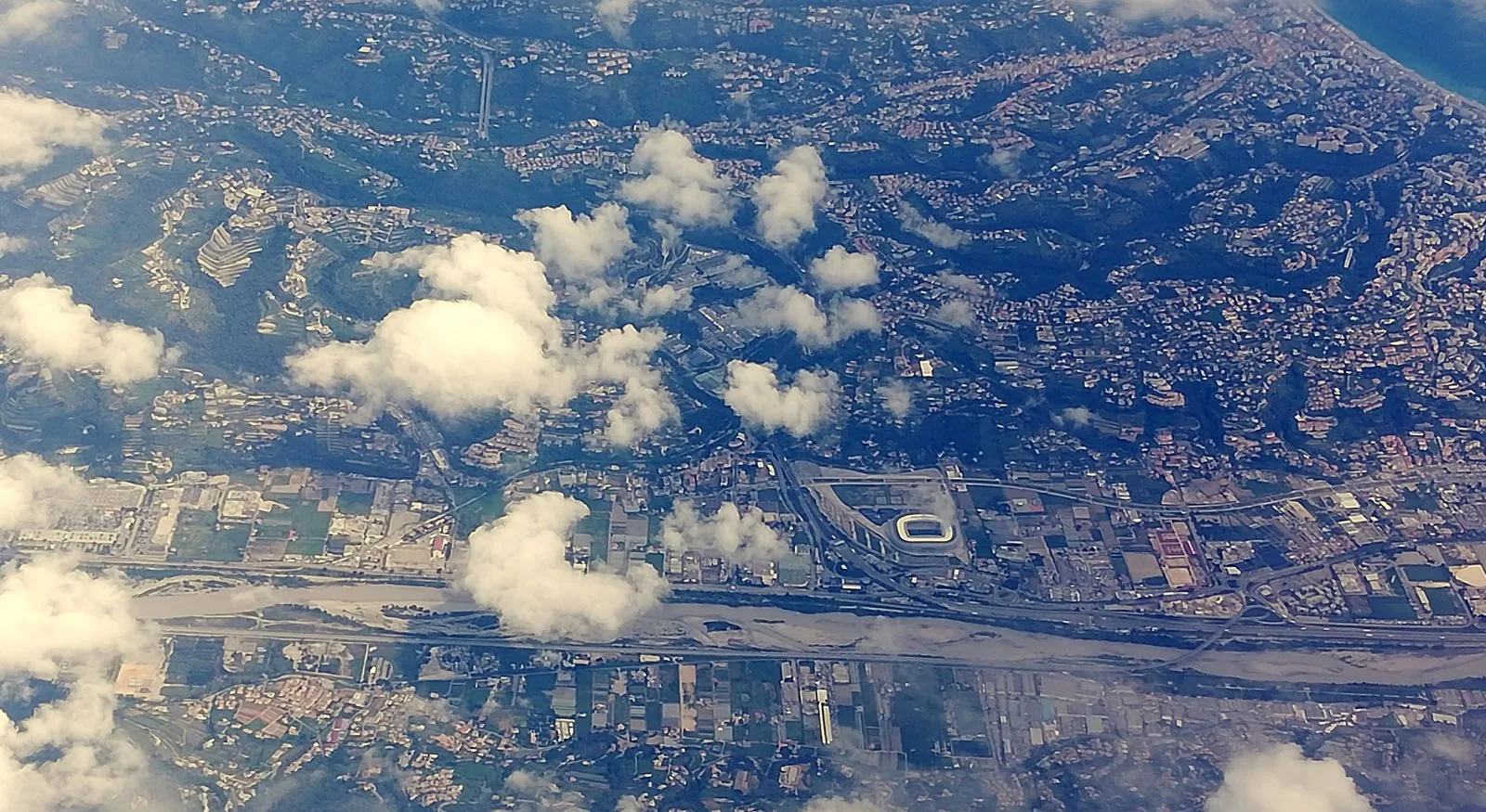 Aerial view of the Plaine du Var with the Allianz Riviera stadium, the Eco-Vallee operation near Nice