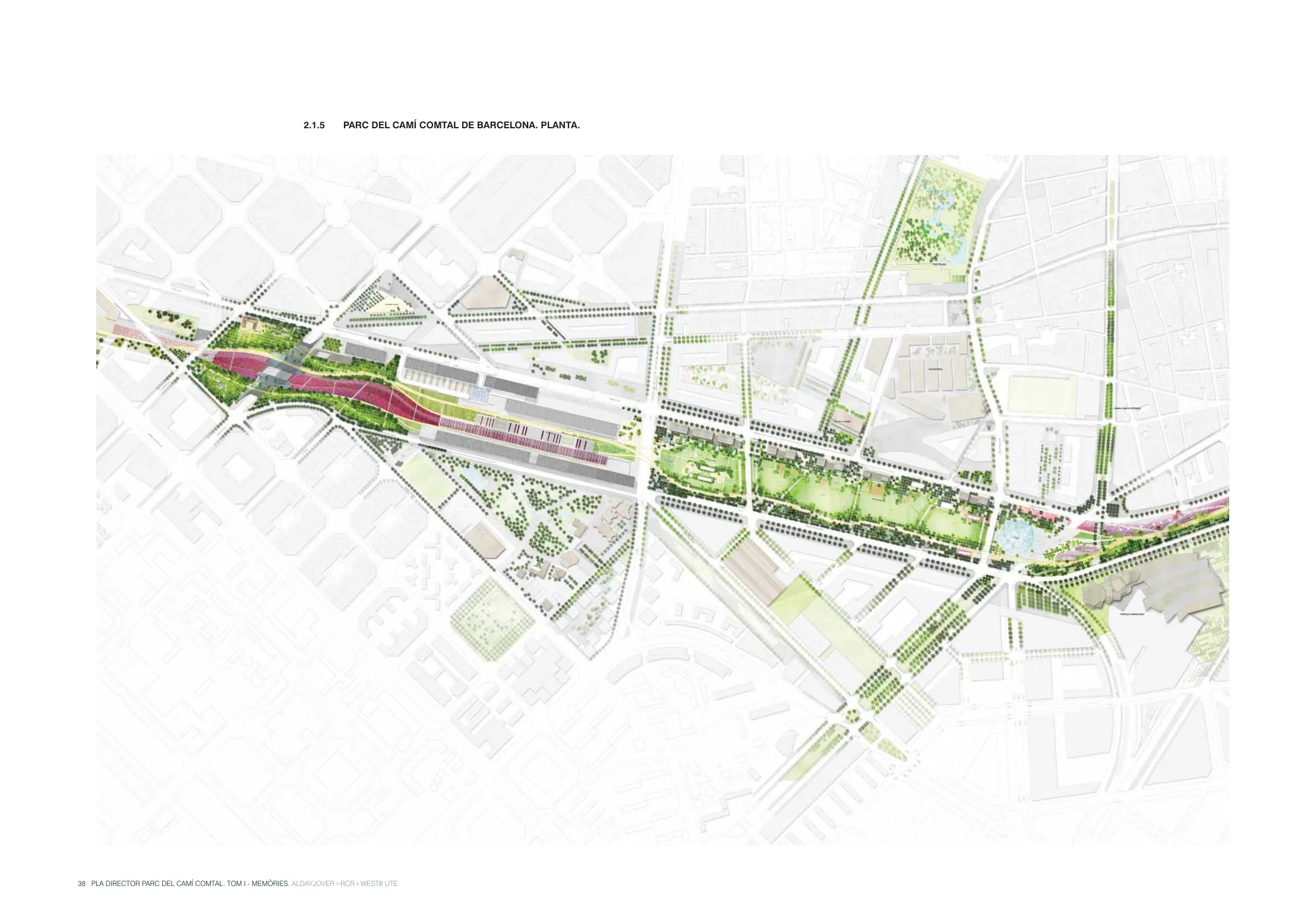 Masterplan (planta) of the La Sagrera–Sant Andreu linear park over the decked high-speed rail corridor, showing the 4 km 'green diagonal' of the Parc del Camí Comtal stitching the neighbourhoods back together.