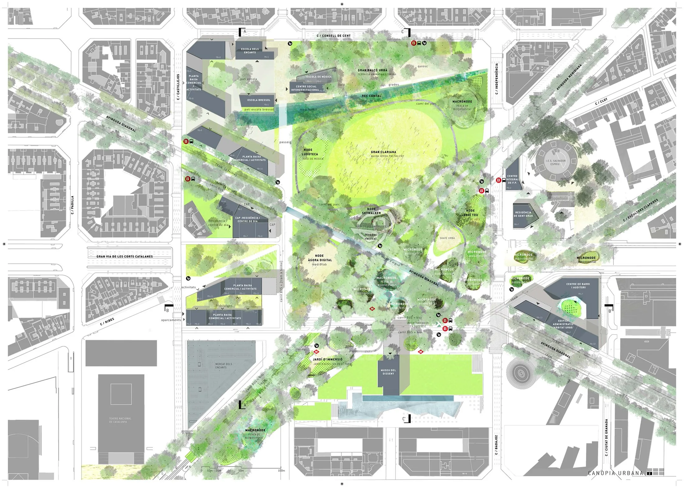 General plan of 'Canòpia Urbana', the 2013 competition-winning scheme for Plaça de les Glòries Catalanes, replacing the ring junction with a 15 ha park - Gran Clariana, Rec Comtal water garden, biodiversity nodes - around the Encants market, Design Museum and tram/bus interchange.