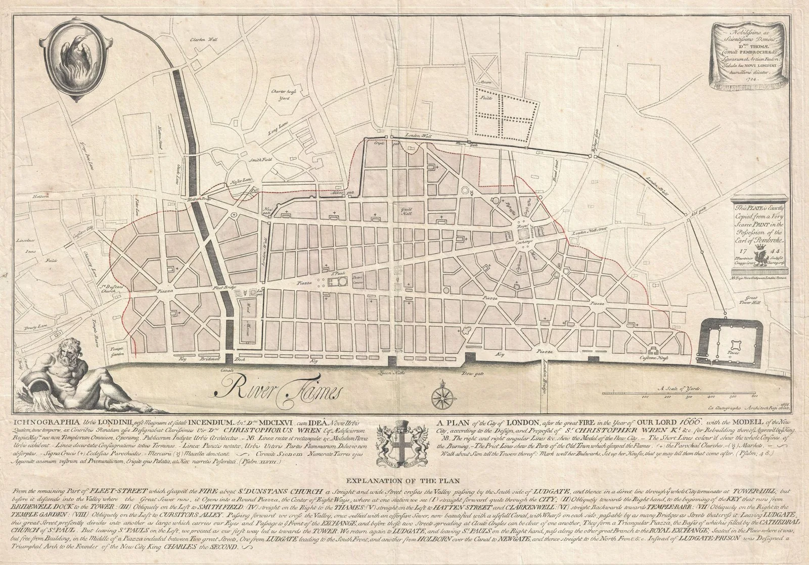 Wren's unbuilt rebuilding plan for the City of London after the 1666 Great Fire: a Baroque scheme of wide straight avenues, radial piazzas and a regularised quayside. This 1744 engraving faithfully re